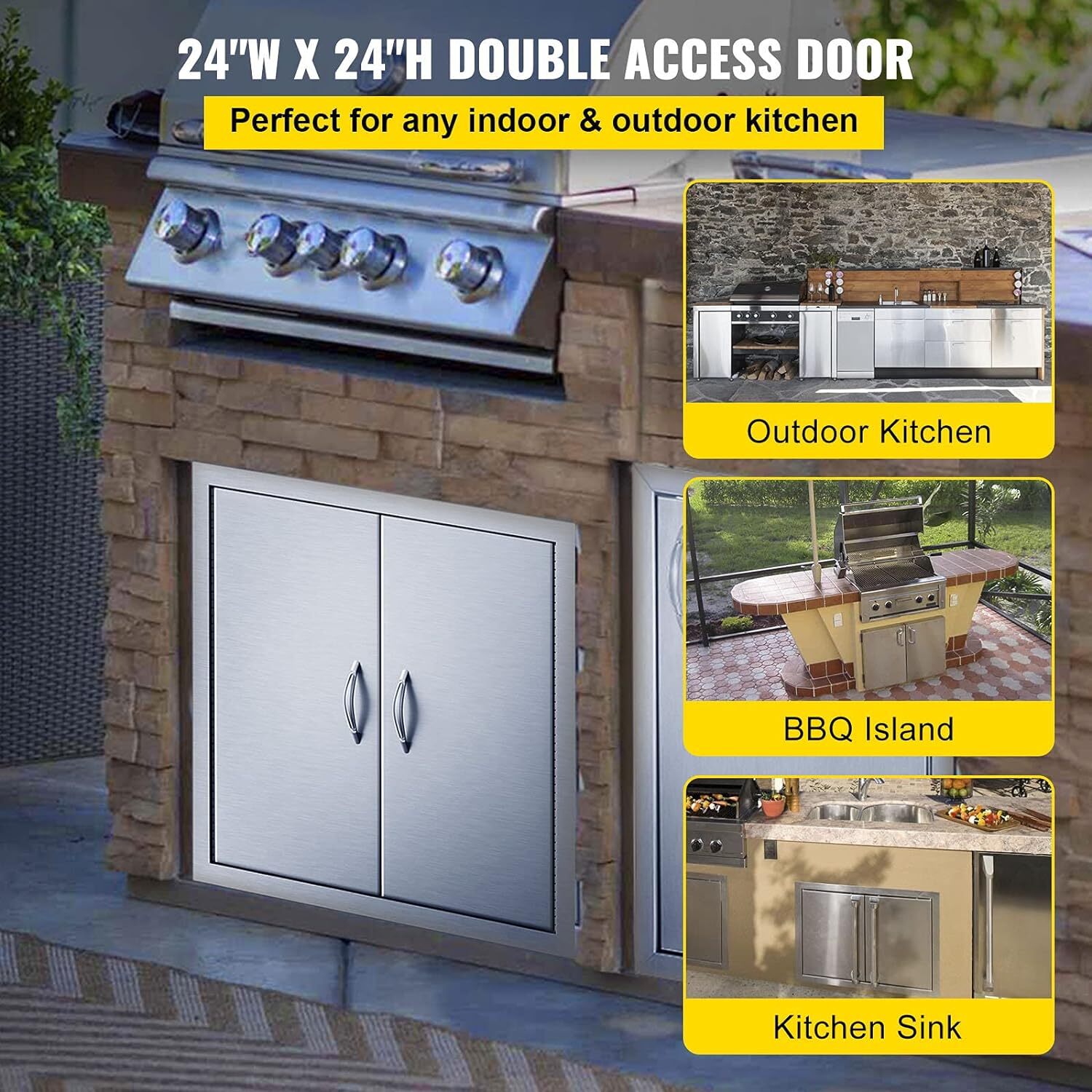 BBQ Access Door, Outdoor Grill Door Double Door Brushed Stainless Steel for BBQ