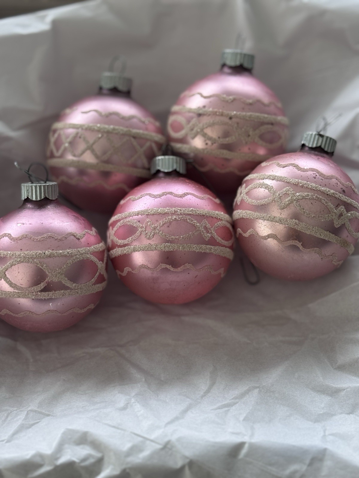 Vintage Shiny Brite Soft Baby Pink Ornaments Mica Stenciled Set Of 5 LOT