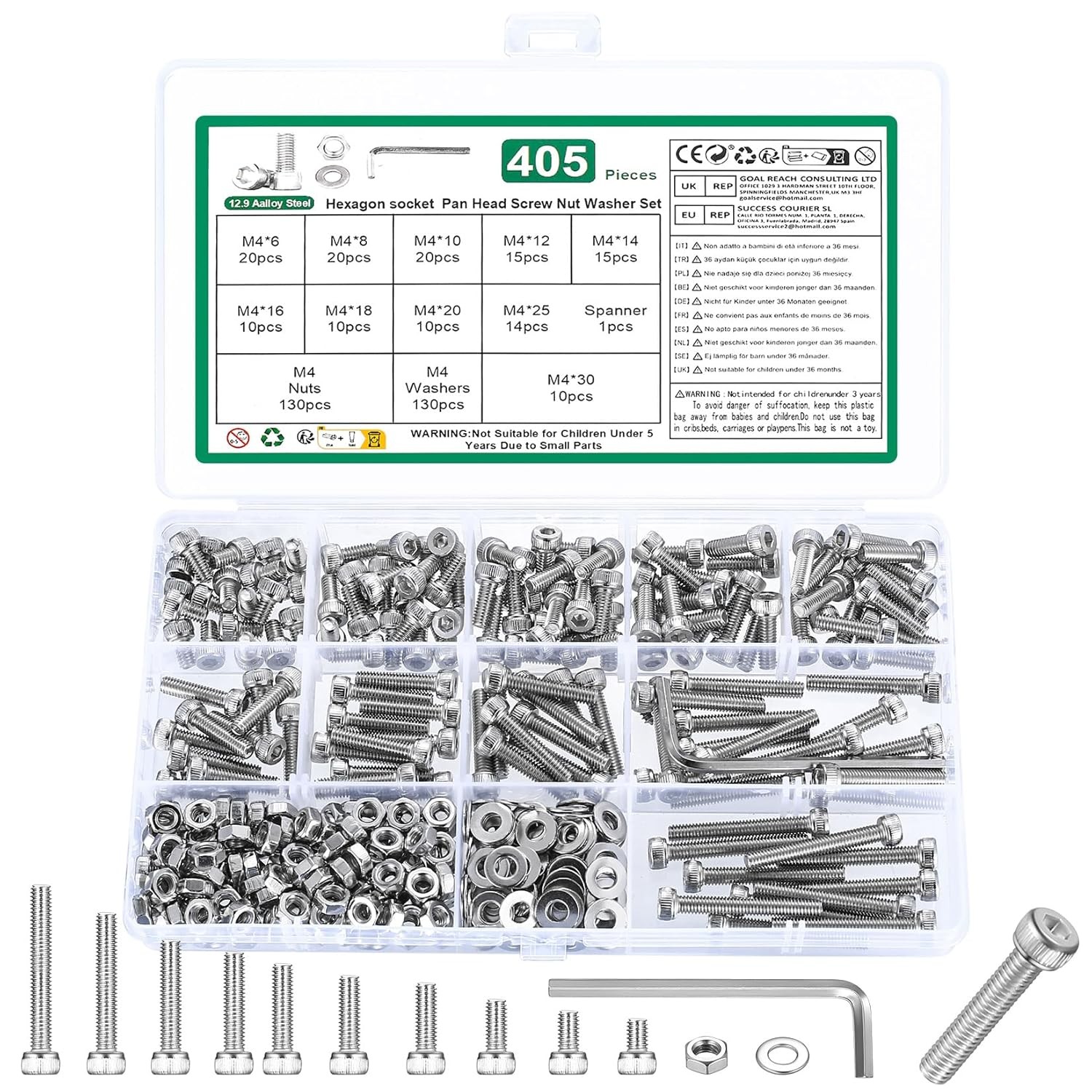 405 Pcs M4 Hex Socket Head Cap Screws Bolts Nuts Washers Assortment Kit(6-30mm)