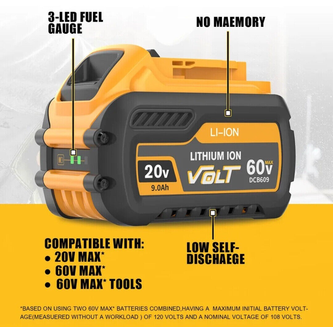 2pcs12Ah DCB609 For DEWALT 9Ah DCB606 DCB615 20V/60V MAX FLEXVOLT Li-Ion Battery