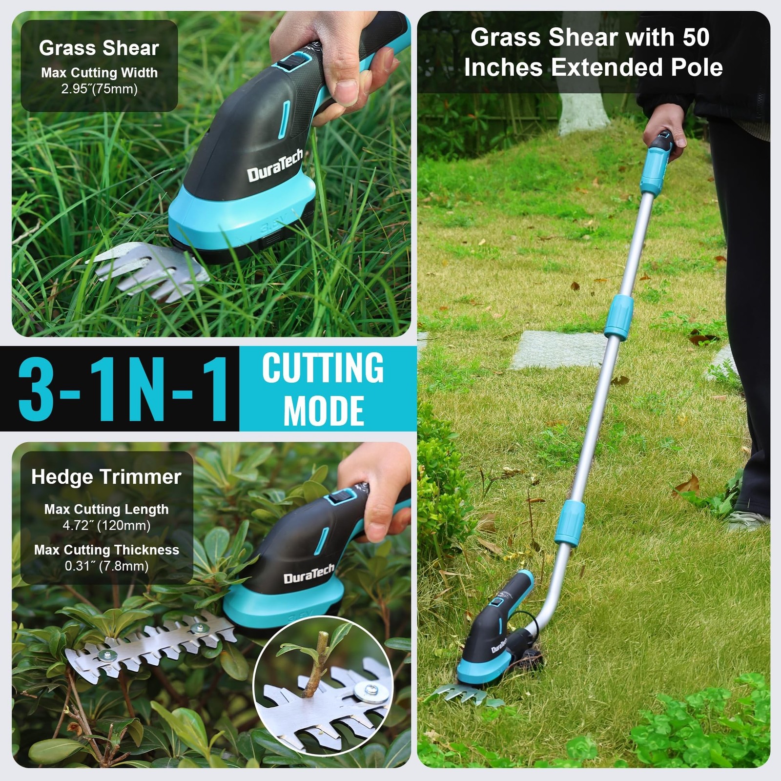 DURATECH 3.6V 3-in-1 Cordless Hedge Trimmer 50″ Wheeled Extension Pole USB-C
