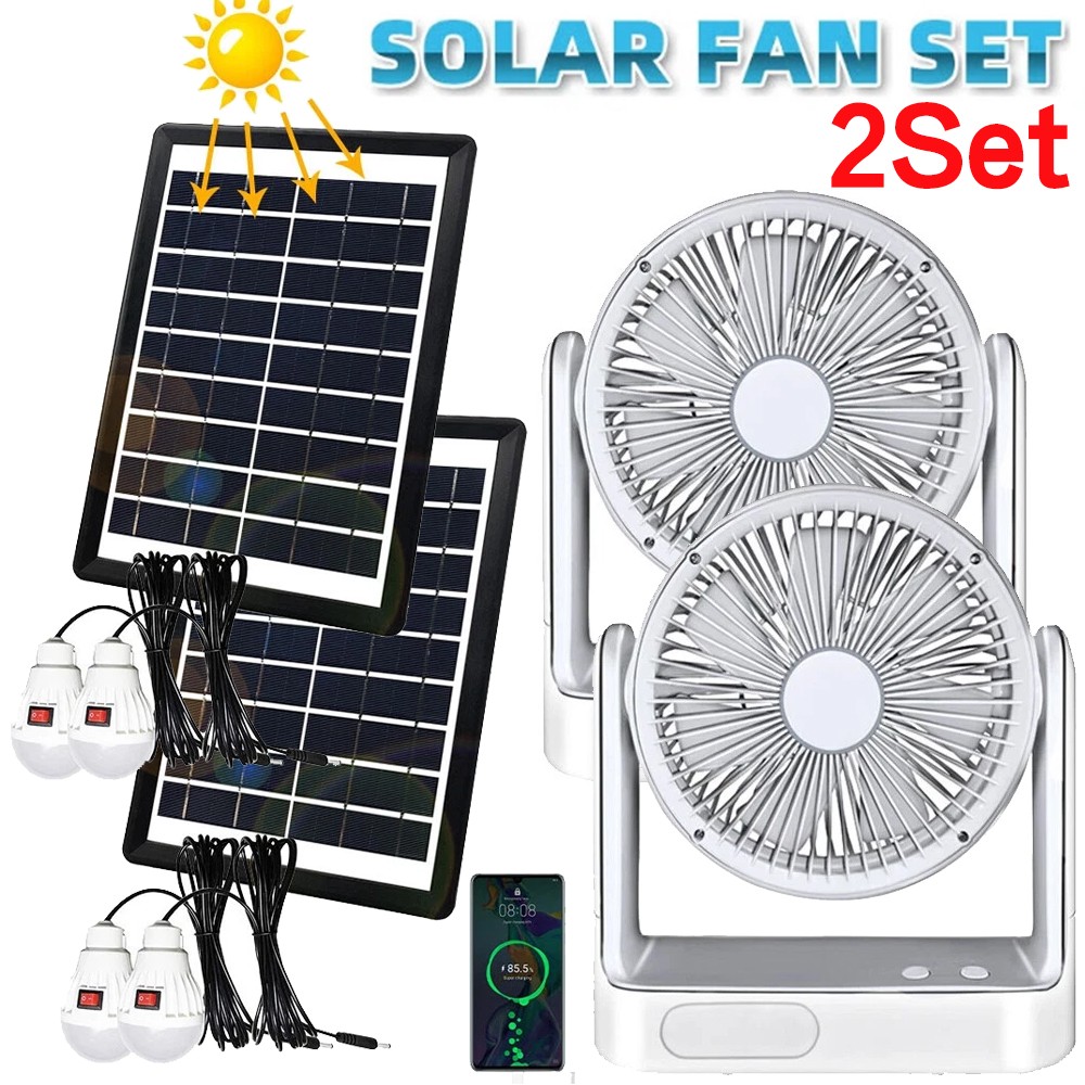 2pack Rechargeable Solar Fan Set w/ Solar Panel 3 Speeds LED light 4 Free Bulbs