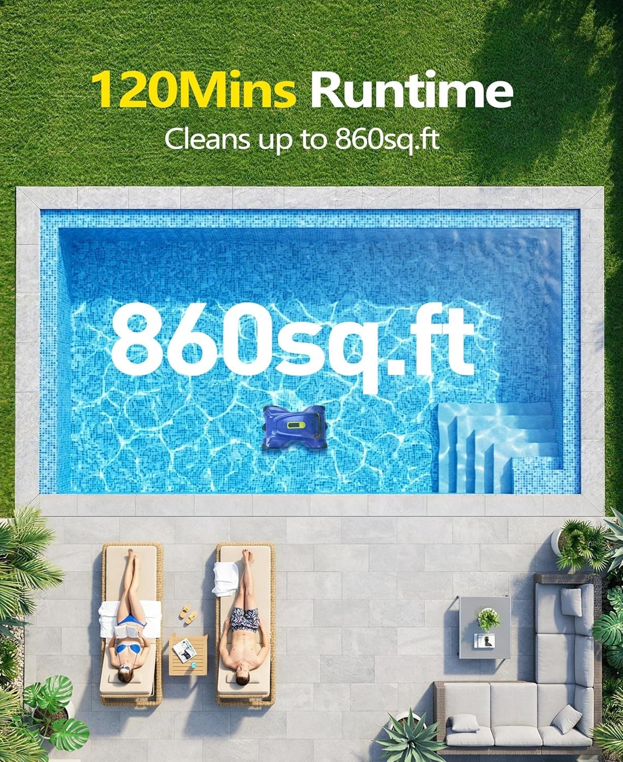 Cordless Pool Cleaner Robot – Auto Debris Removal, 120Min Runtime, Blue