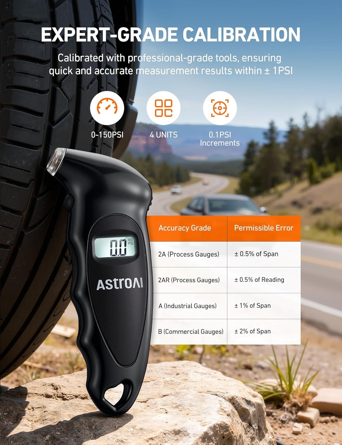 BLACK AstroAI Digital Tire Pressure Gauge 0-150PSI, Accurate in 0.1 Increments