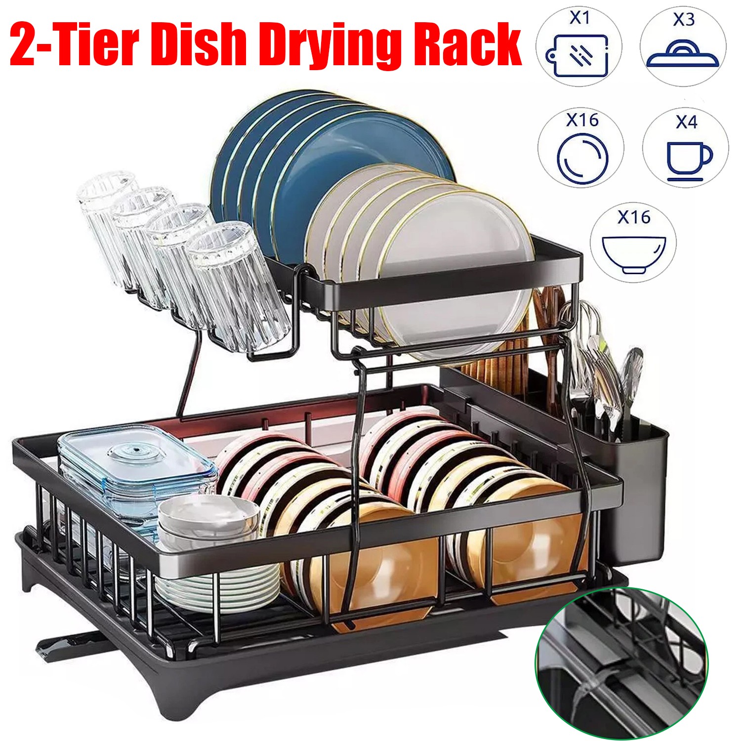 Over Sink Dish Drying Rack 2-Tier Stainless Steel Kitchen Shelf Cutlery Drainer