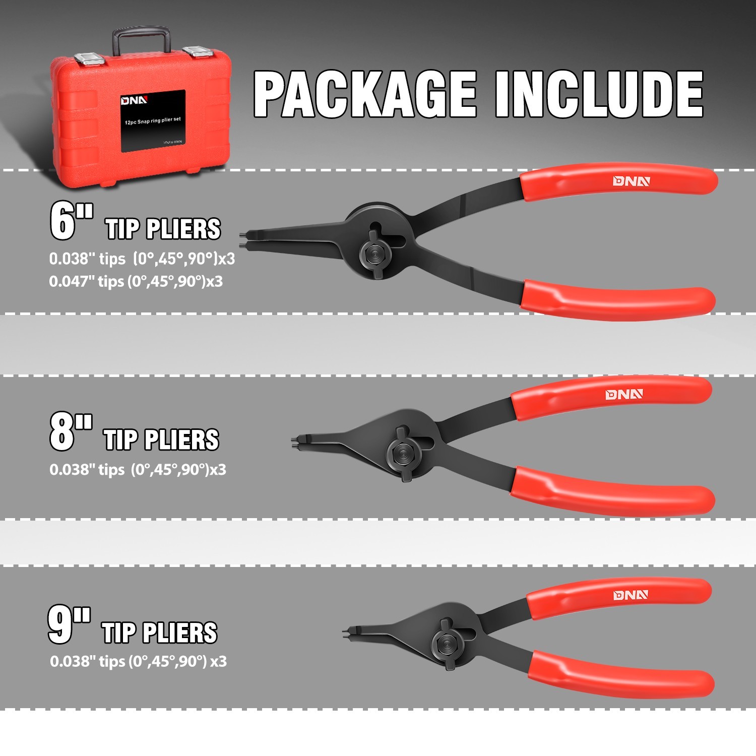 0/45/90 Degree Alloy Steel Snap Ring Pliers Set 6in 8in 9in Pliers Tool Set