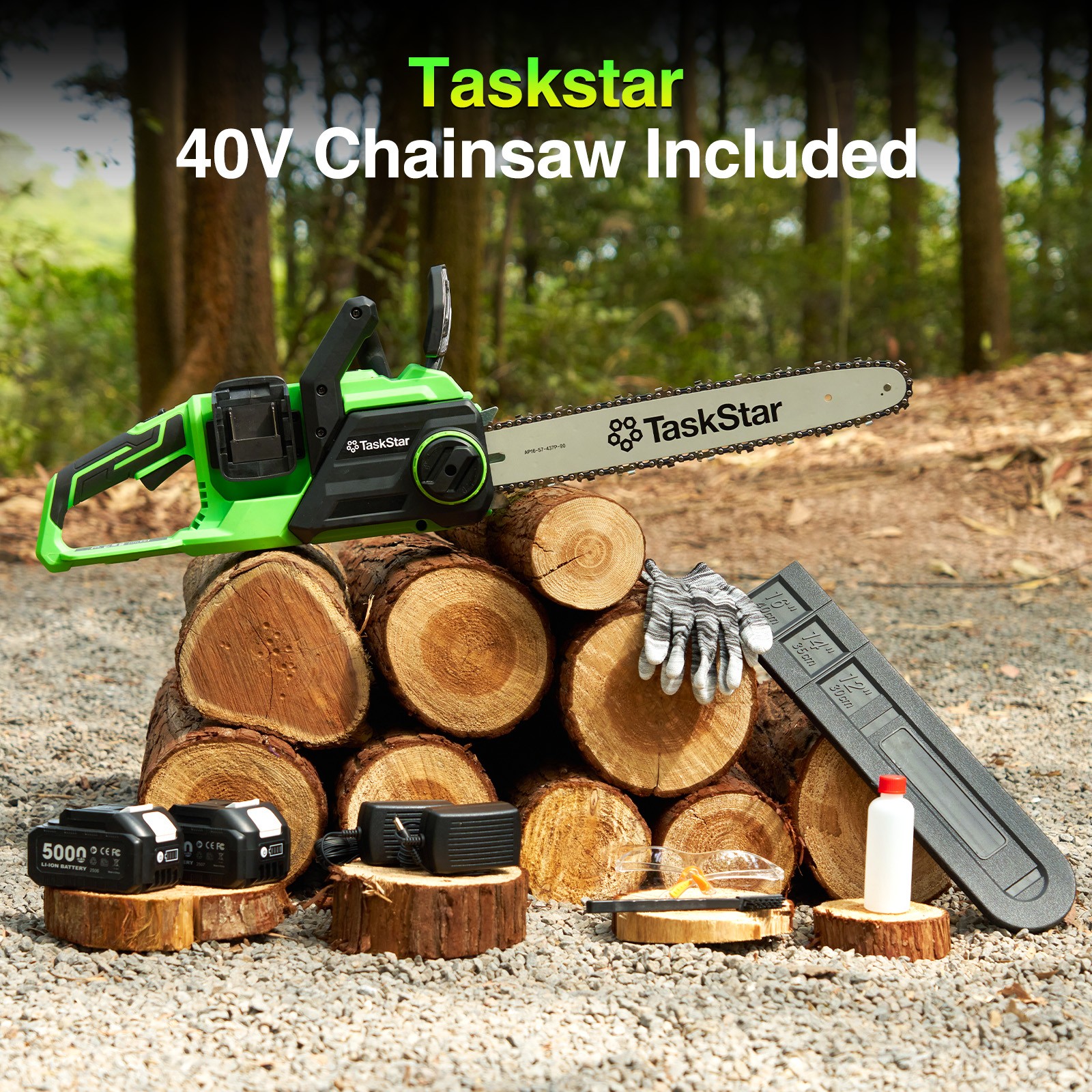 Taskstar 40V 16-Inch Cordless Chainsaw Brushless Saw 2×5.0Ah Battery & Charger