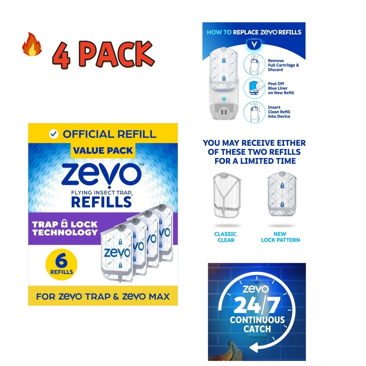 4pack- Refill Cartridges Zevo Flying Insect Trap Refill Cartridges -Easy to Use