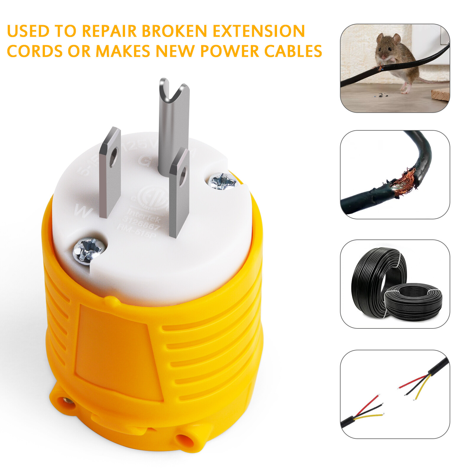 Extension Cord Ends Male and Female, 15 Amp 125 Volt Heavy Duty Replacement Plug