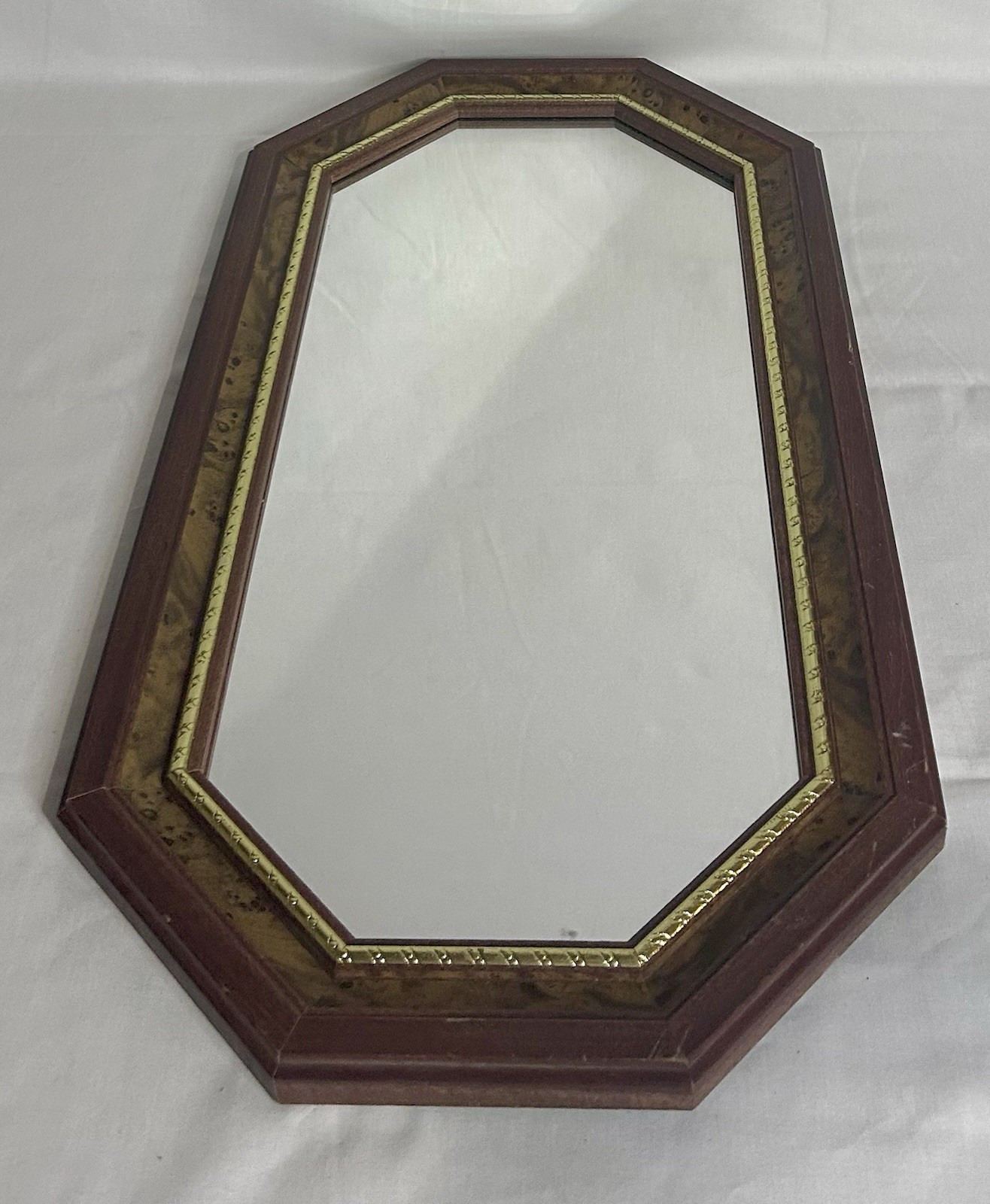 Vintage Vanity Octagon Wall Mirror, Brown Wood Frame with Gold Trim, Wall Mount