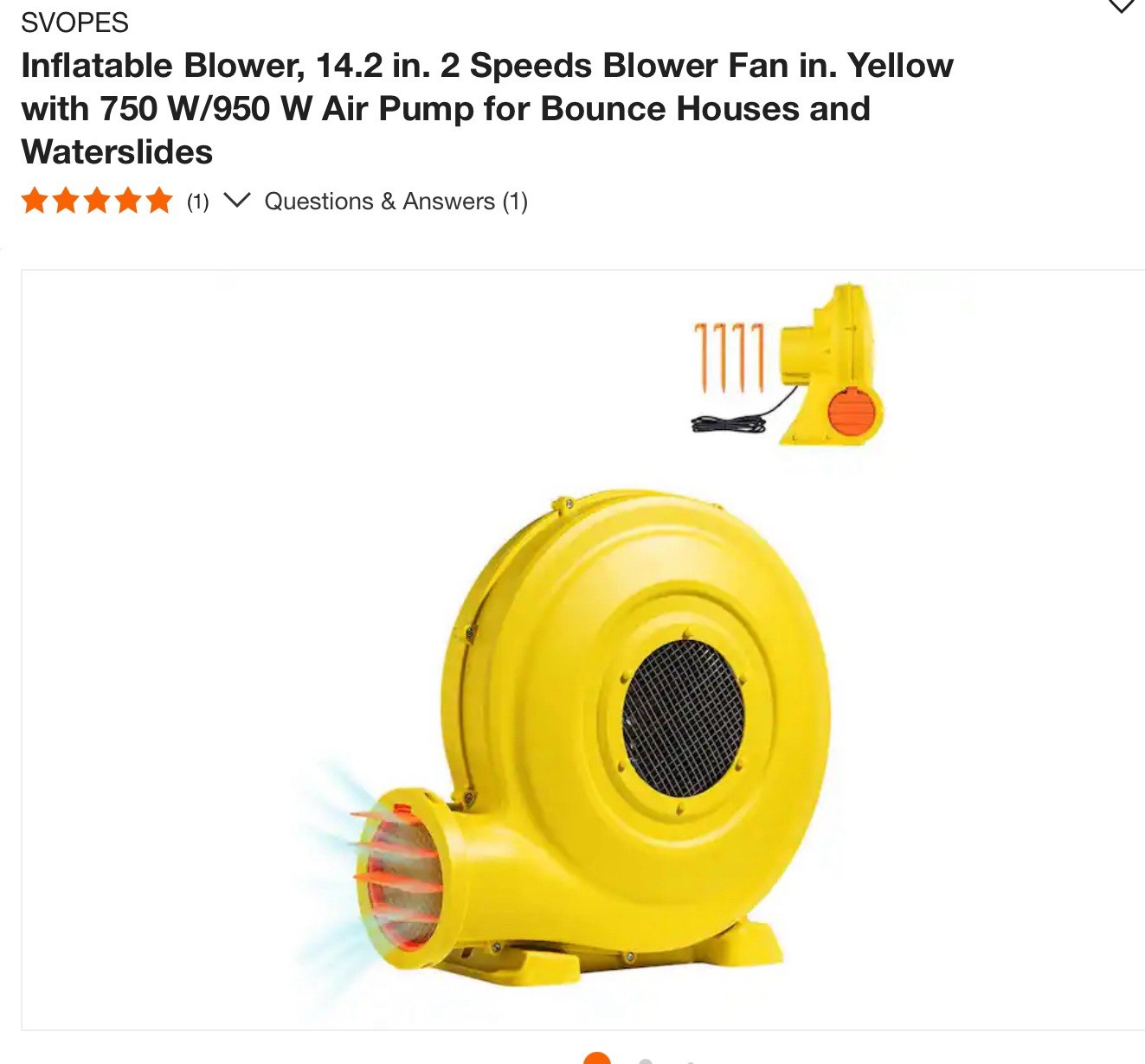 SVOPES Inflatable Blower, 14.2 in. 2 Speeds Blower Fan in. Yellow with 750 W/950
