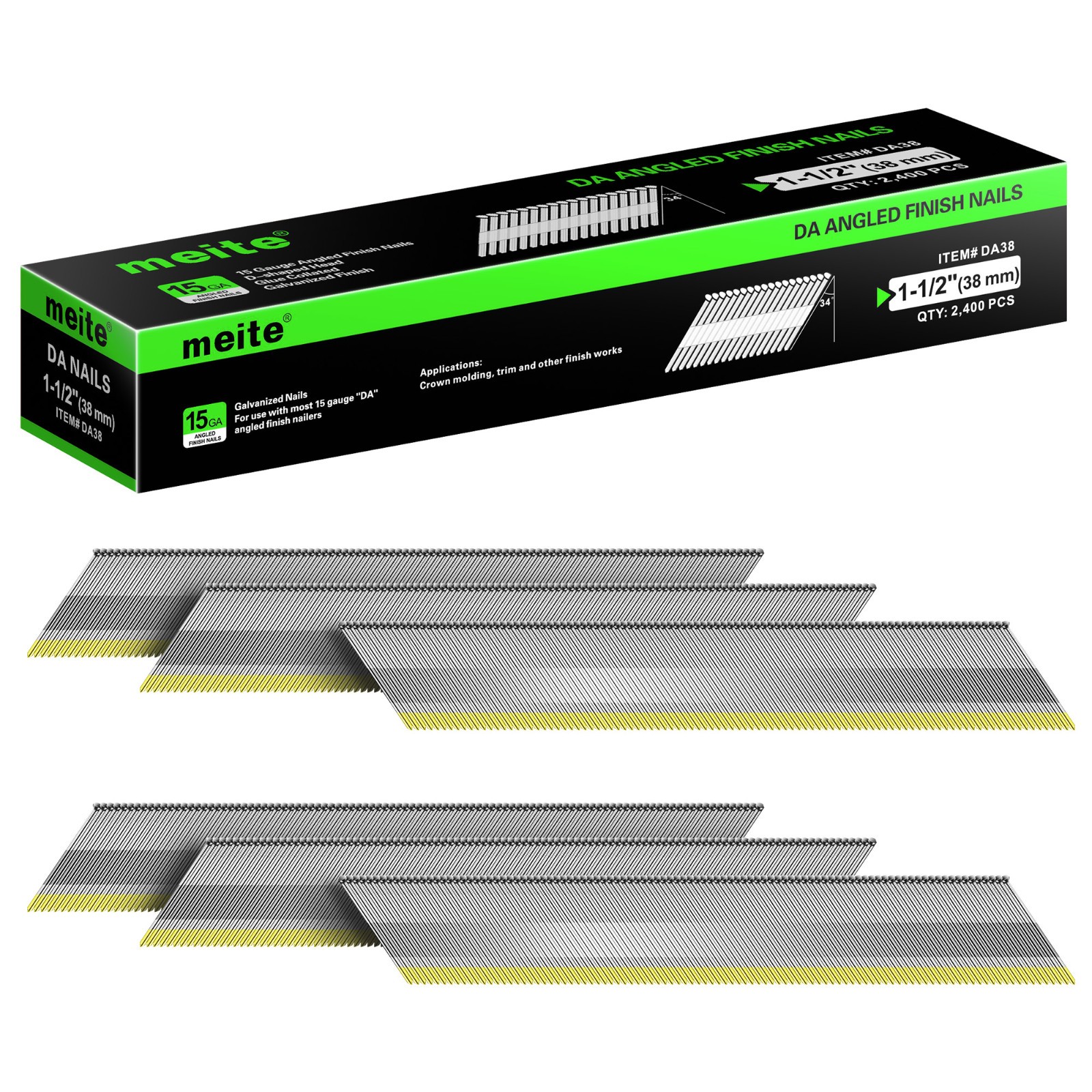 meite DA Nails 15GA Angled Finish Nails for DA Style Finish Nail Gun (2,400 Pcs)