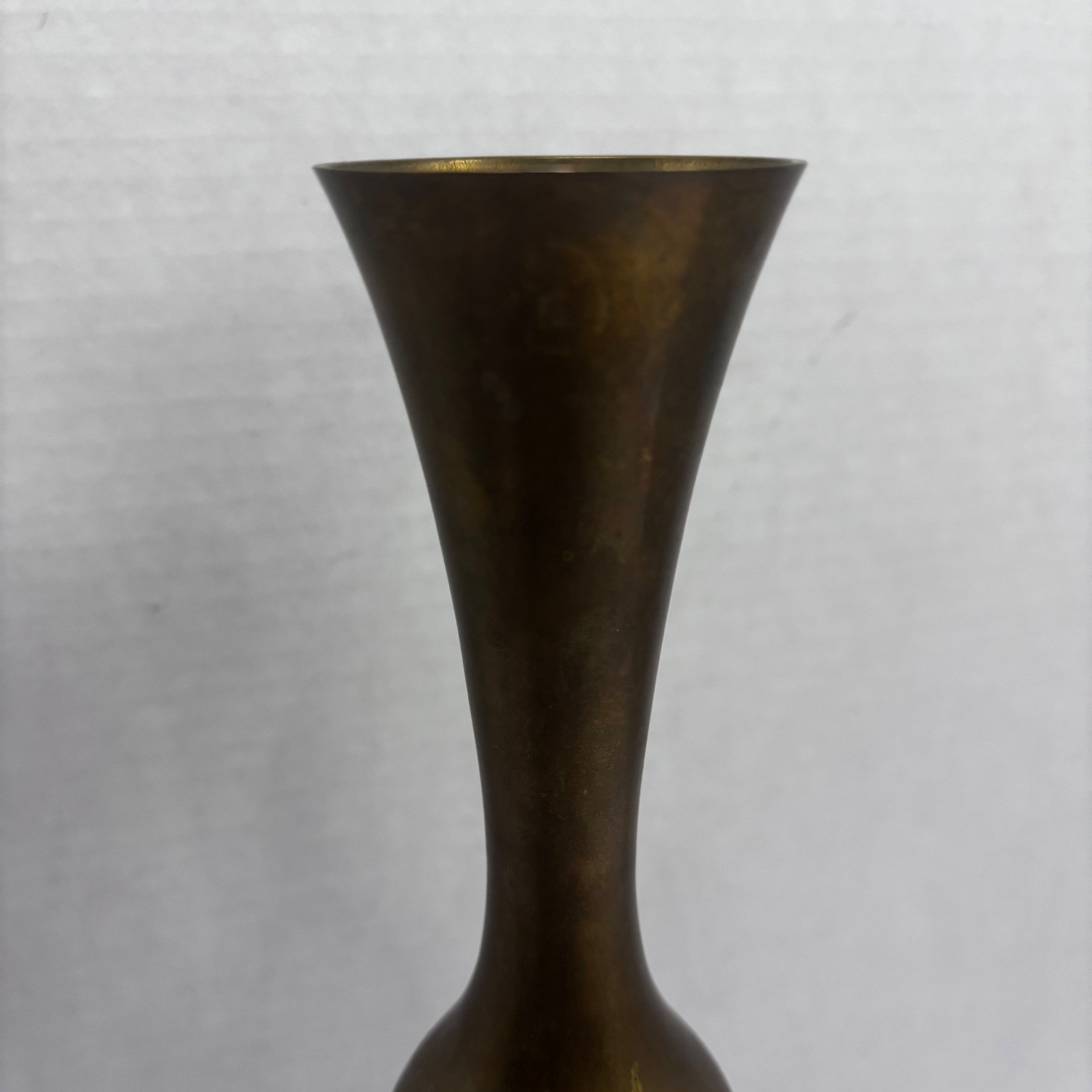 Vintage Solid Brass Bud Vase Tall Slender Flared Rim Pedestal Base Aged Patina