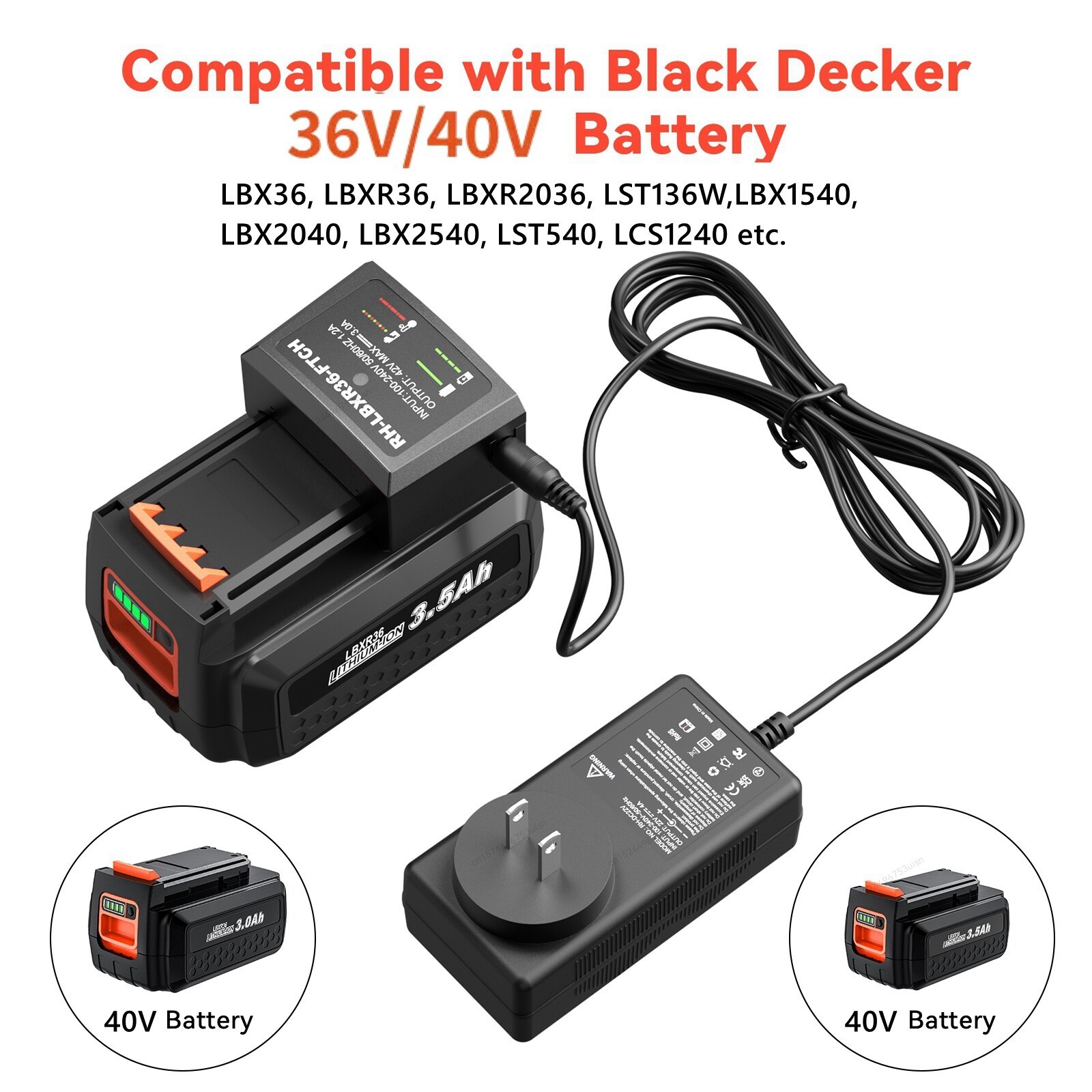 4.0AH 40Volt Lithium Battery/Charger For Black Decker 40 Volt Max LBXR36 LBX2040