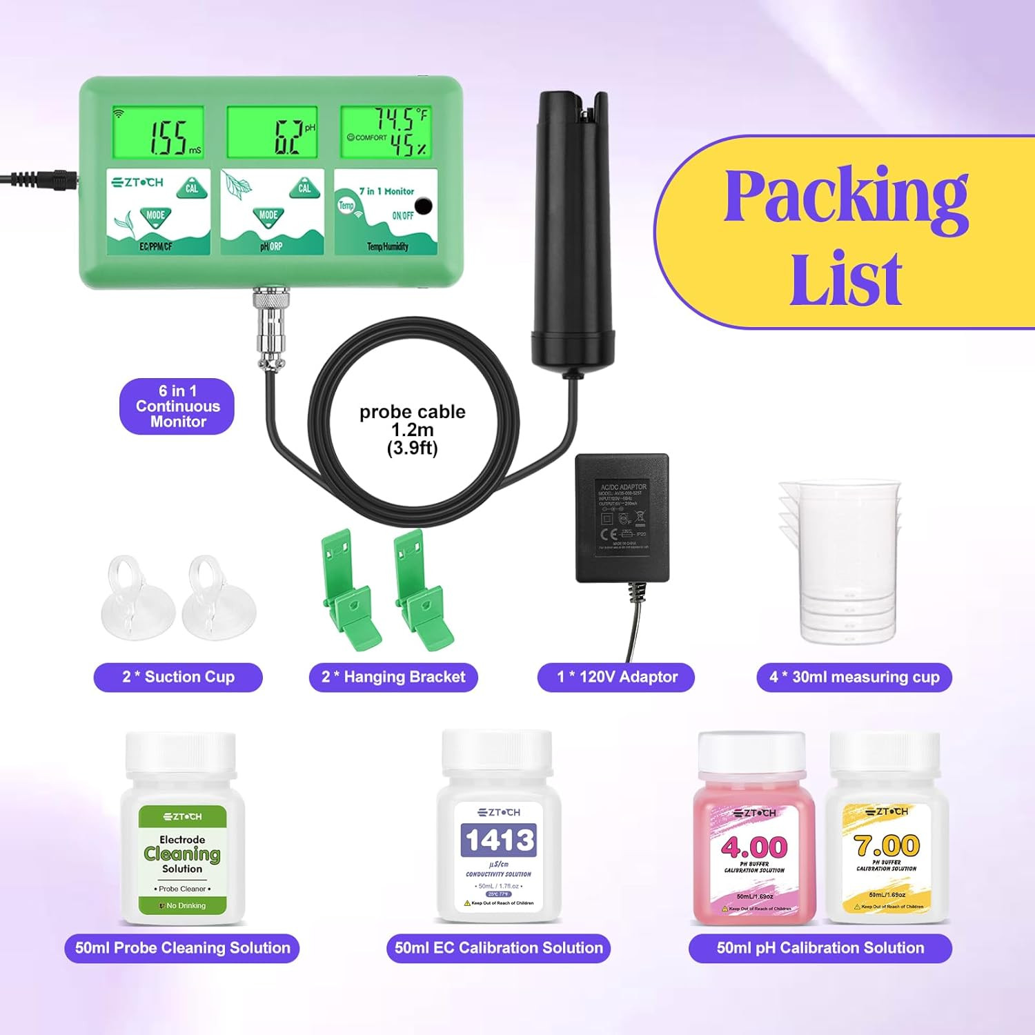 Ph Monitor Hydroponic Continuous 7 in 1 EC Ph TDS CF ORP Monitor, Wifi Continuou