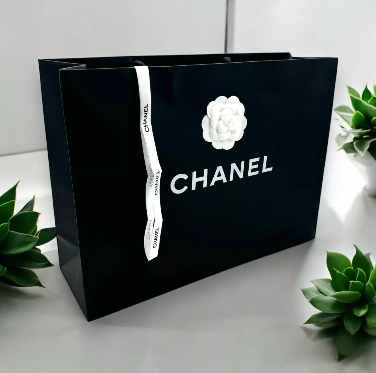 New Chanel Classic Black Lg Shopping Gift Bag 17” x 12.125” x 5” Ribbon Rose