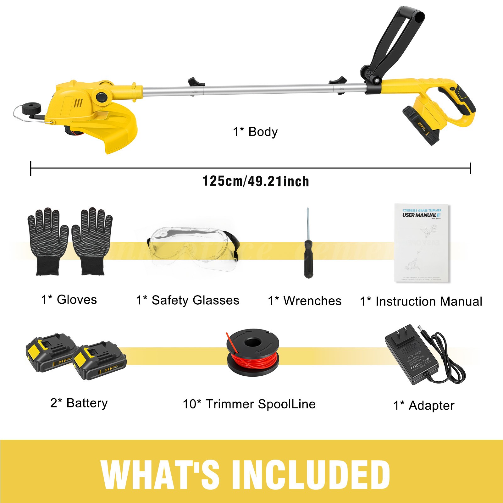 21V Cordless String Trimmer with 2Ah Batteries Fast Charger 12” Edger Yellow