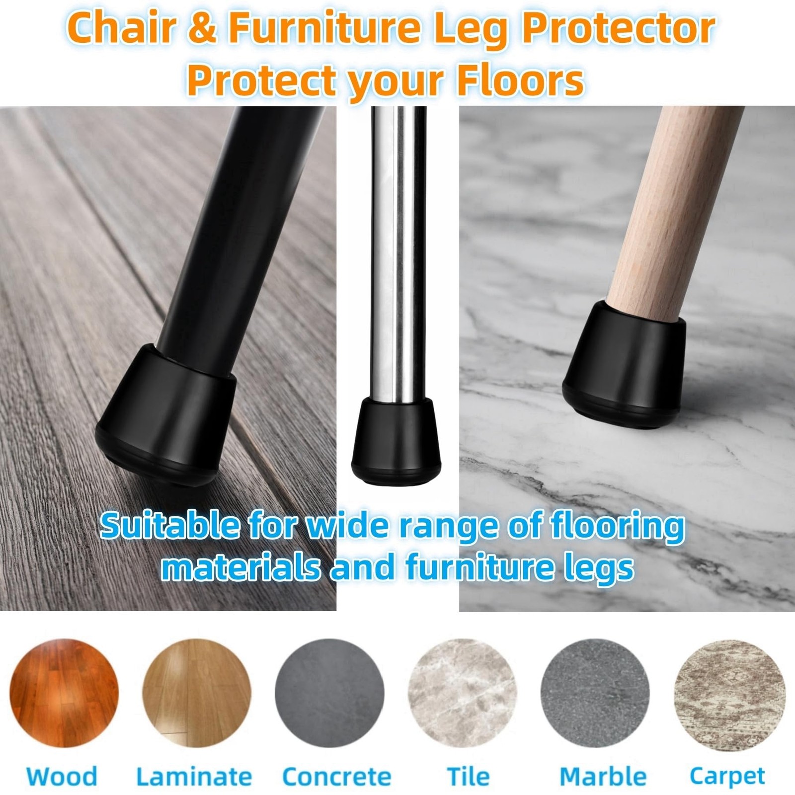 1″ Rubber Chair Leg Tips Caps, Chair Leg Floor Protectors Rubber Black 12 Pack