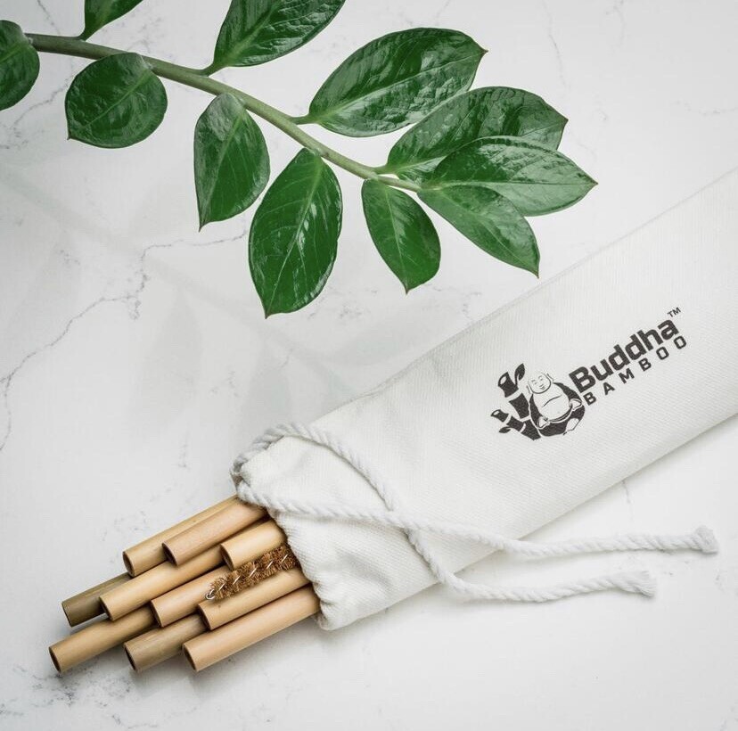 Buddha Bamboo Reusable Drinking Straws 10 Pack Cleaner+Case Smoothie Boba