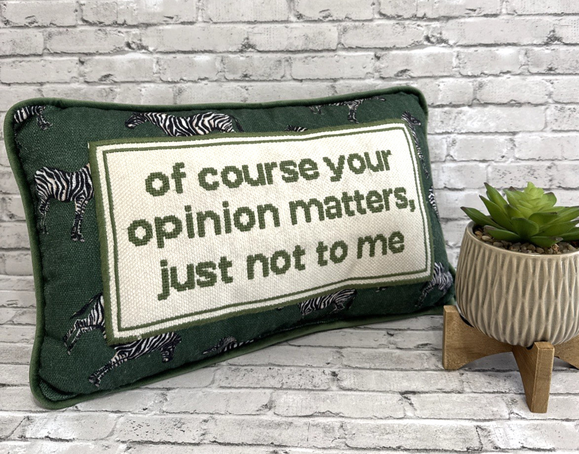 Needlepoint Decorative Throw Pillow Rectangular Green Ivory Zebra JUST NOT TO ME