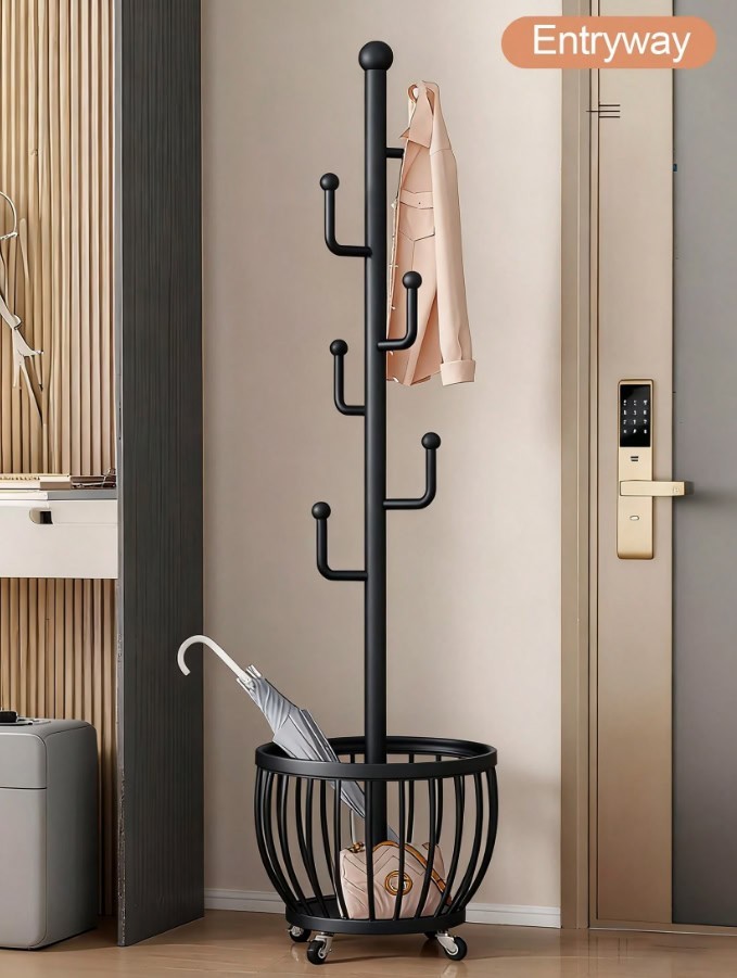 Freestanding Tree Coat Rack with Basket Metal Entryway Hat Bag Stand