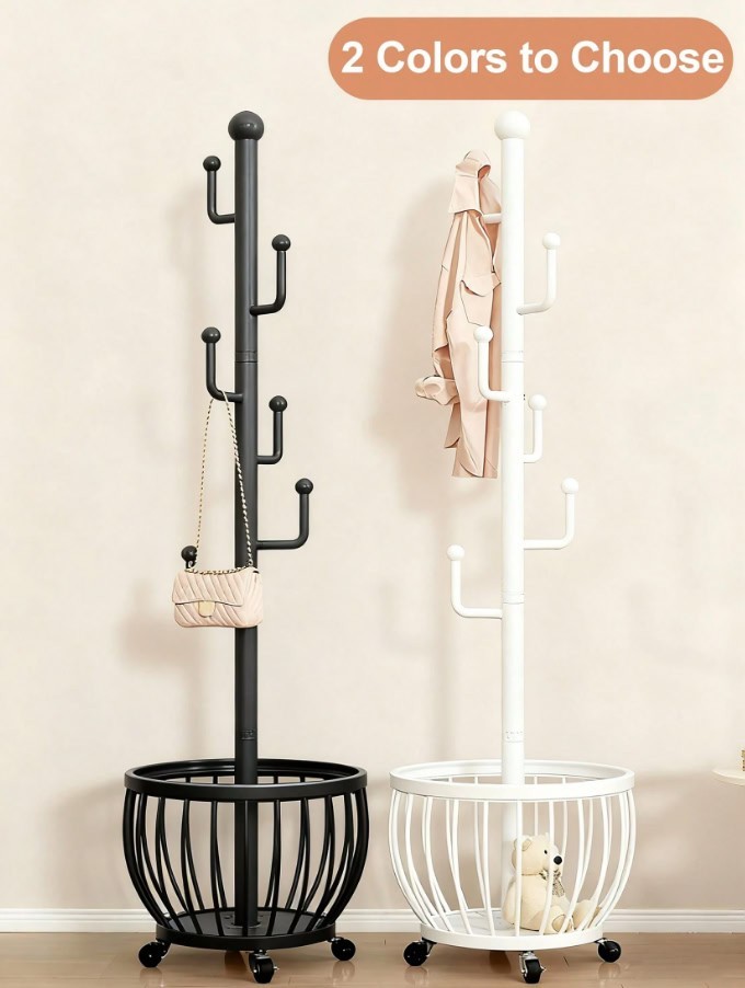 Freestanding Tree Coat Rack with Basket Metal Entryway Hat Bag Stand
