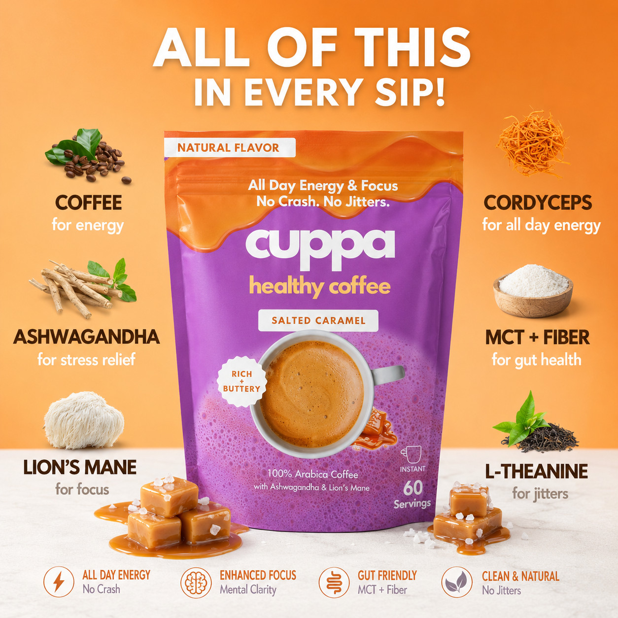 Cuppa Instant Mushroom Coffee Salted Caramel 60 Servings Lion’s Mane New