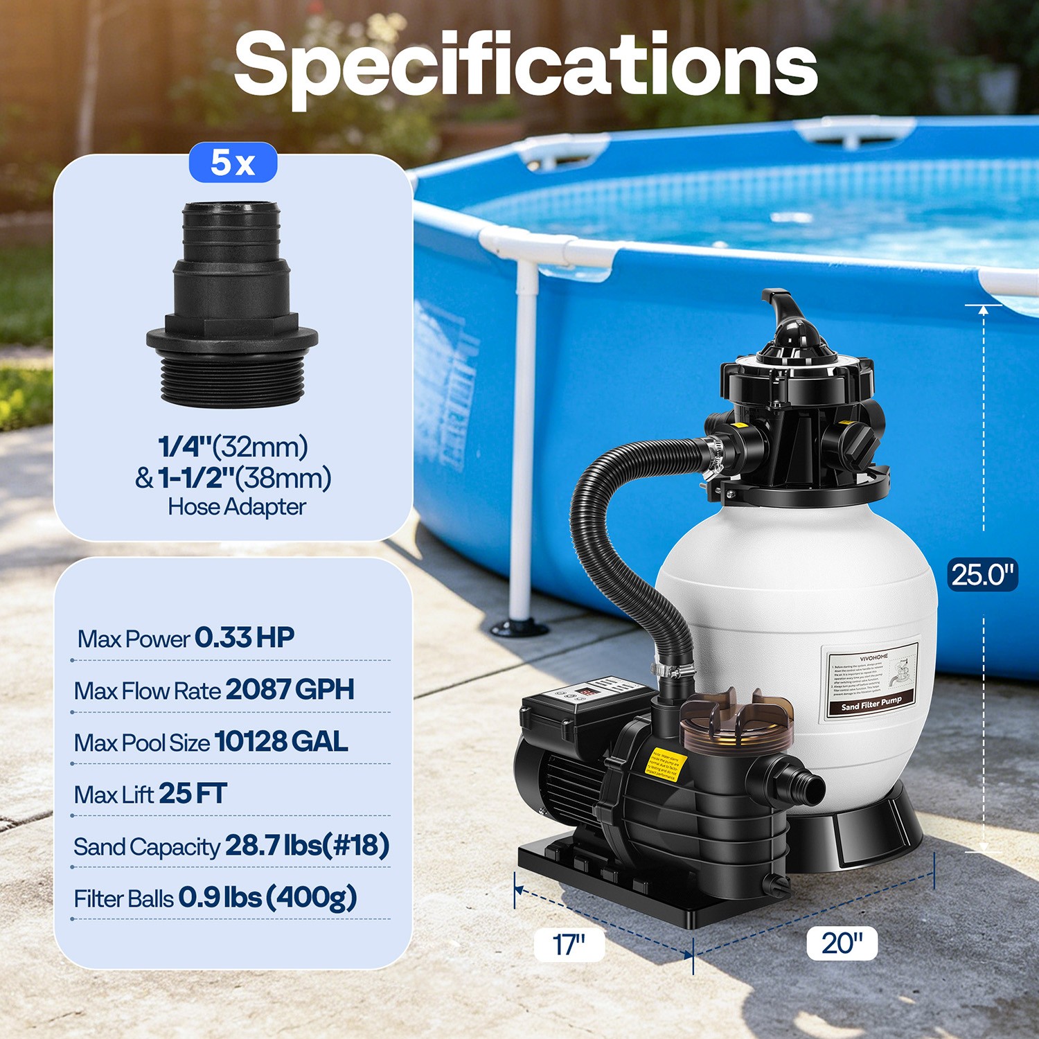 12/13in Sand Filter Pump In/Above Ground Pool System 7-Way w/ Timer 2087/2640GPH