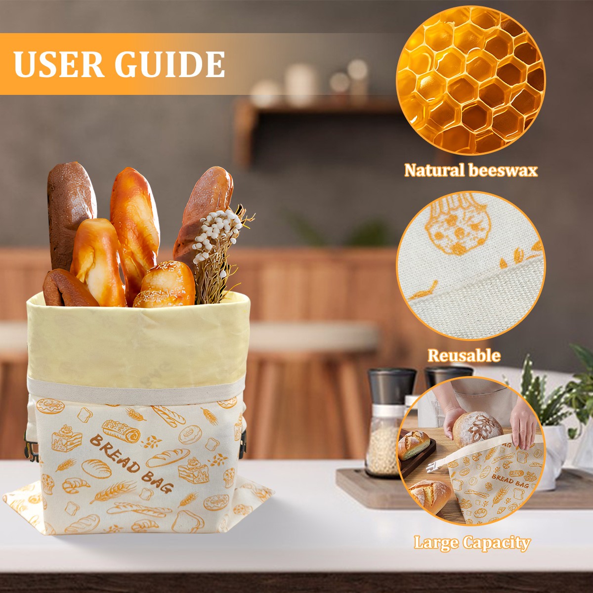 2 Pack Reusable Beeswax Bread Bags for Homemade Breads Sourdough Easy to Clean
