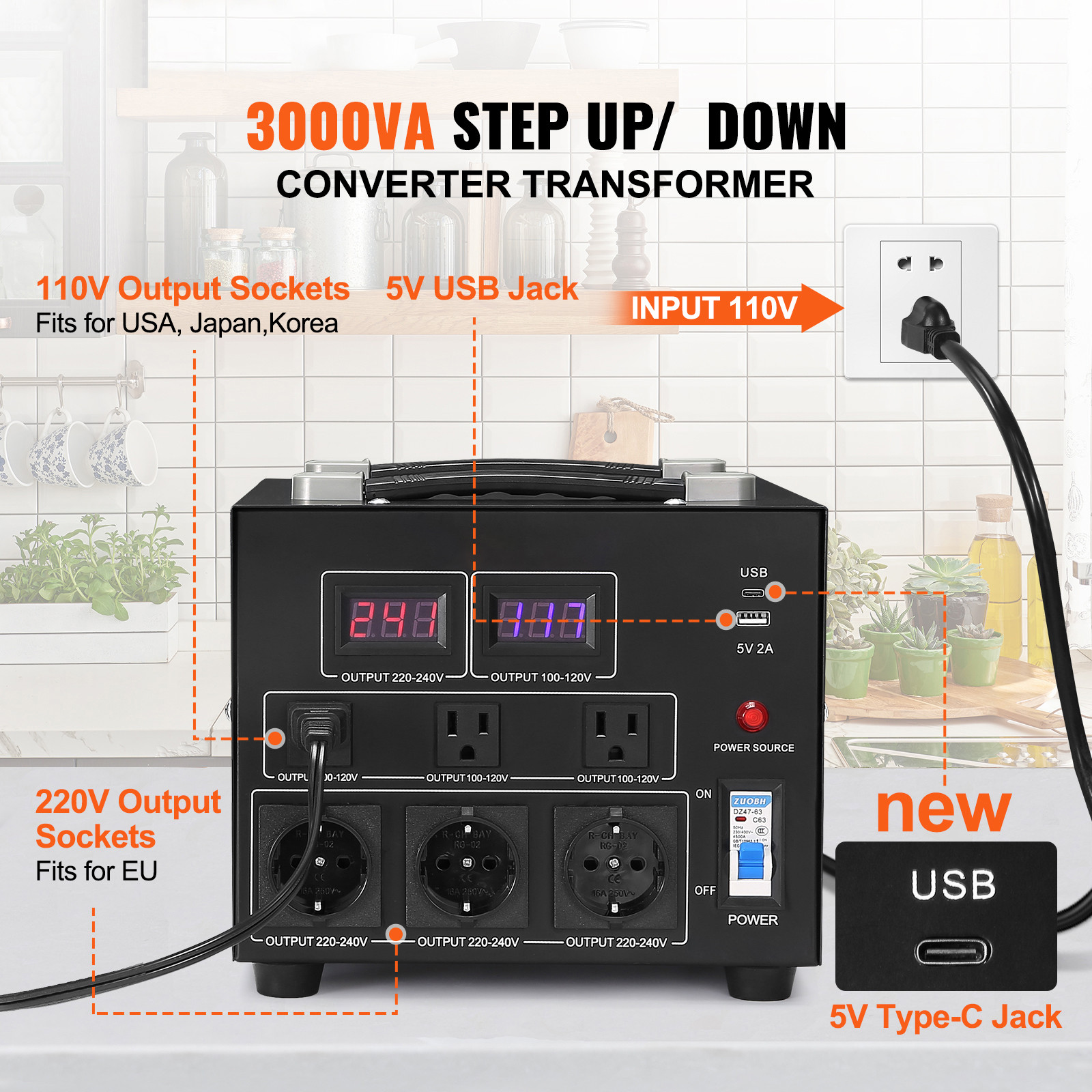 VEVOR 3000W Voltage Converter Transformer Step Up/Down 220V-110V /110V-220V CE