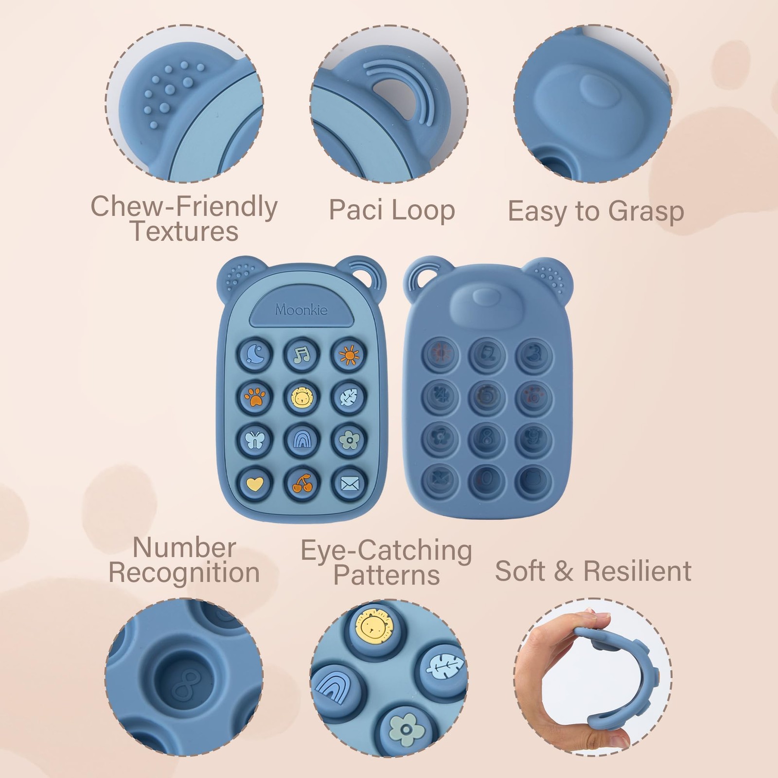 Moonkie Silicone Press Phone Teething Toy for Baby 3 Months+ | Soft BPA-Free Tee