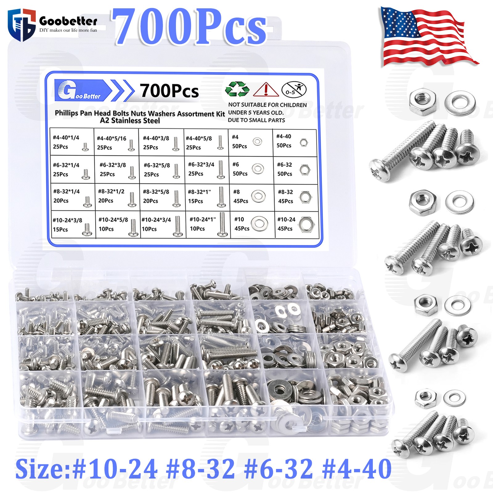 700pcs UNC Phillips Pan Head Machine Screws & Hex Nuts Washers Kit #4 #6 #8 #10