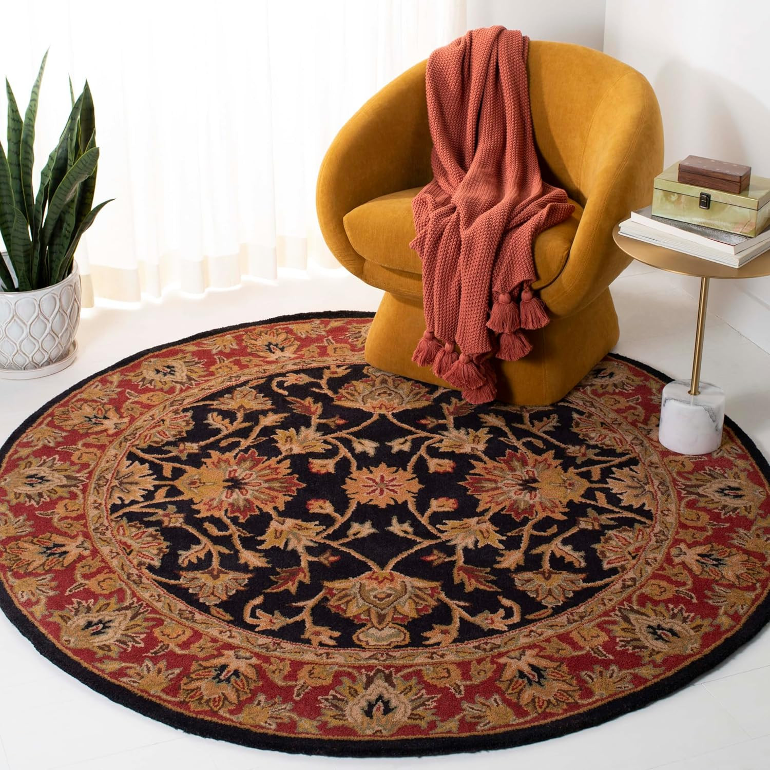 Heritage Collection 6′ Round Handmade Oriental Wool Area Rug – Black & Red