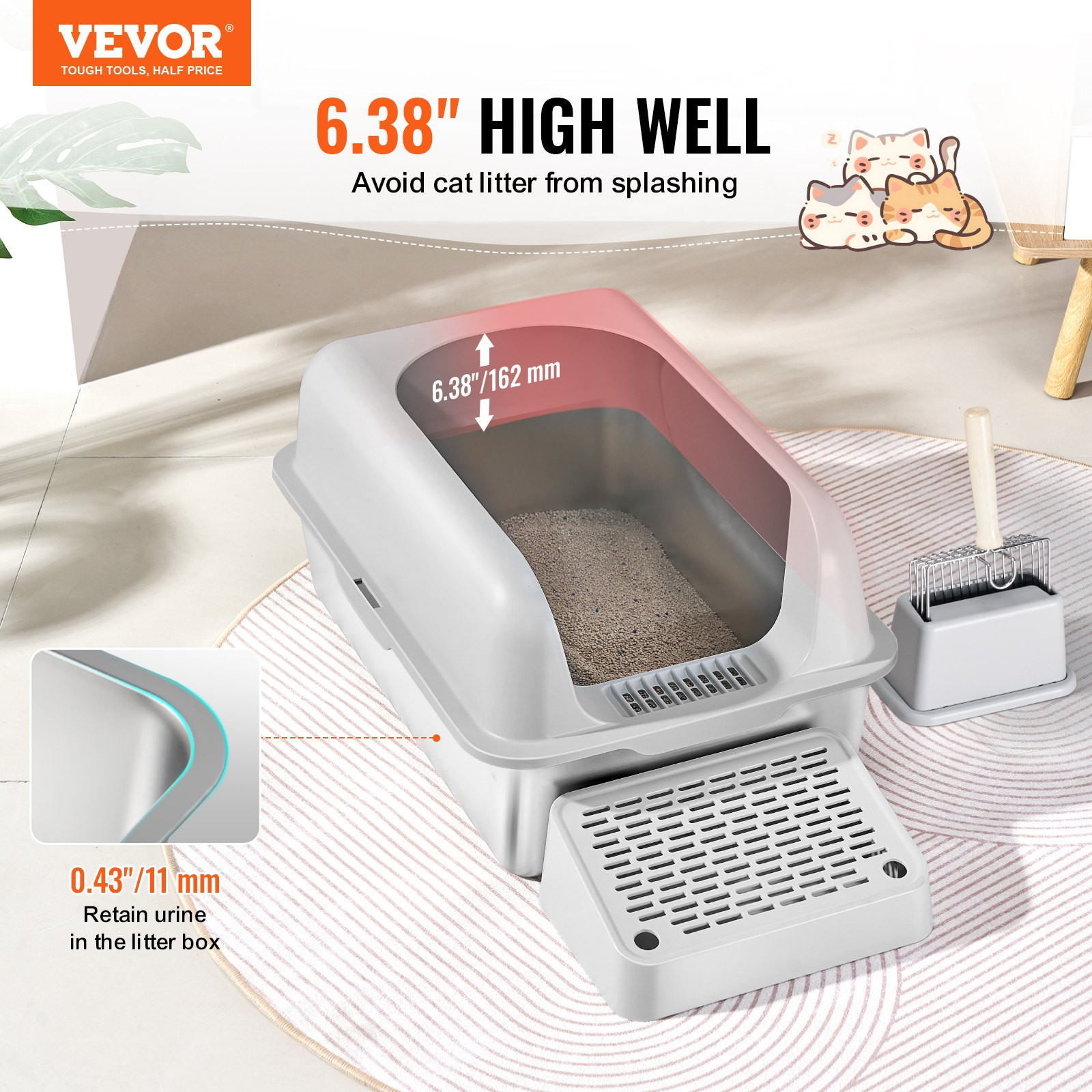 VEVOR Cat Litter Box, 6 inches Deep, XL Extra Large Stainless Steel Cat Litter B