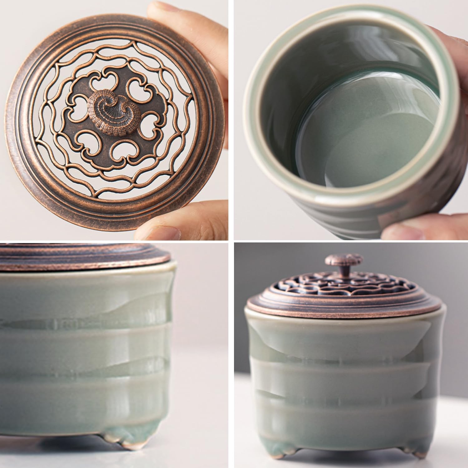 Incense Burner Ceramic Green Cone Coil Powder Holder Lid Ash Catcher 3.12in
