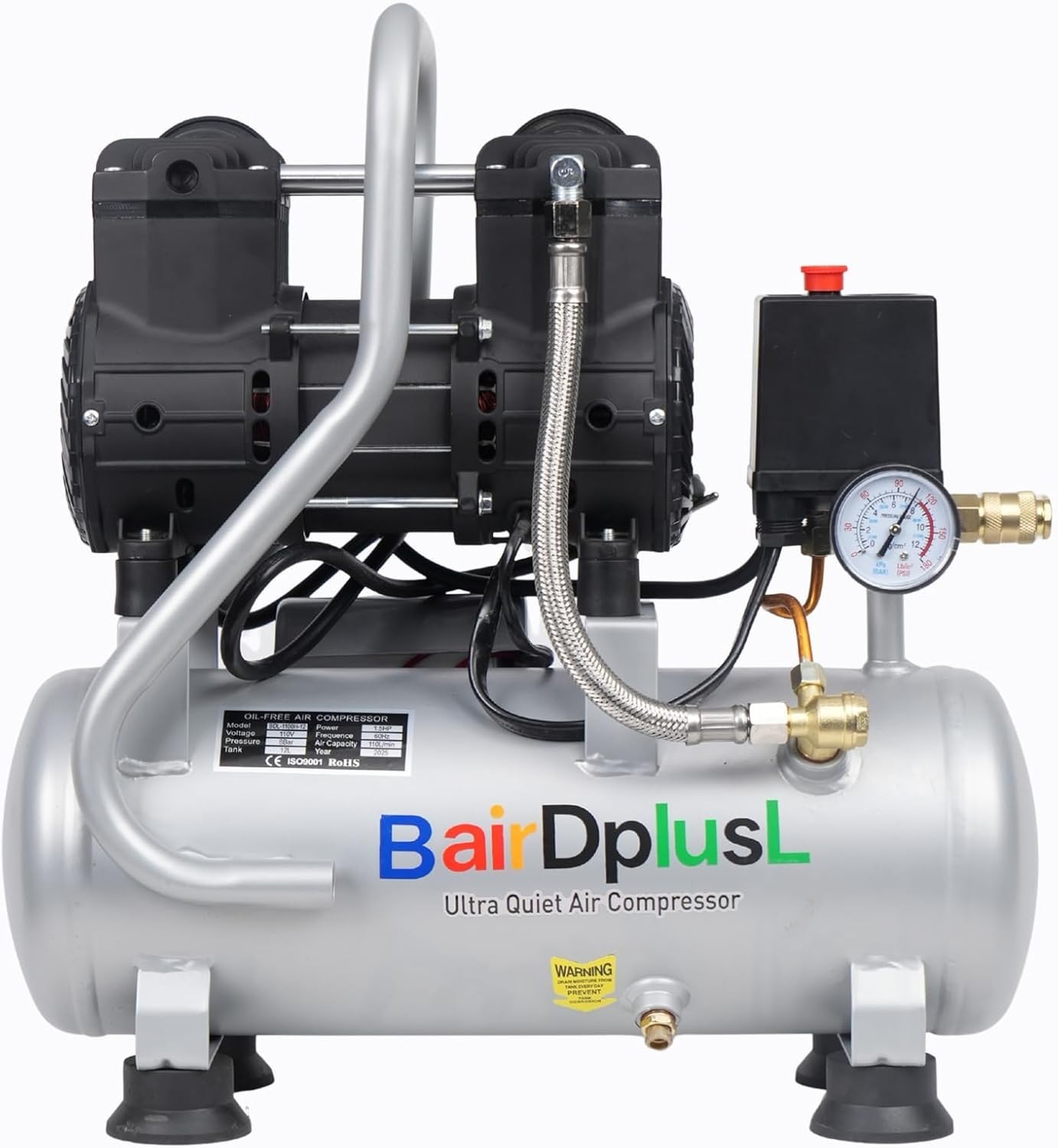 8 Gallon Ultra Quiet Air Compressor 110V/60Hz 1.5HP 8.8CFM, Oil-Free 70dB