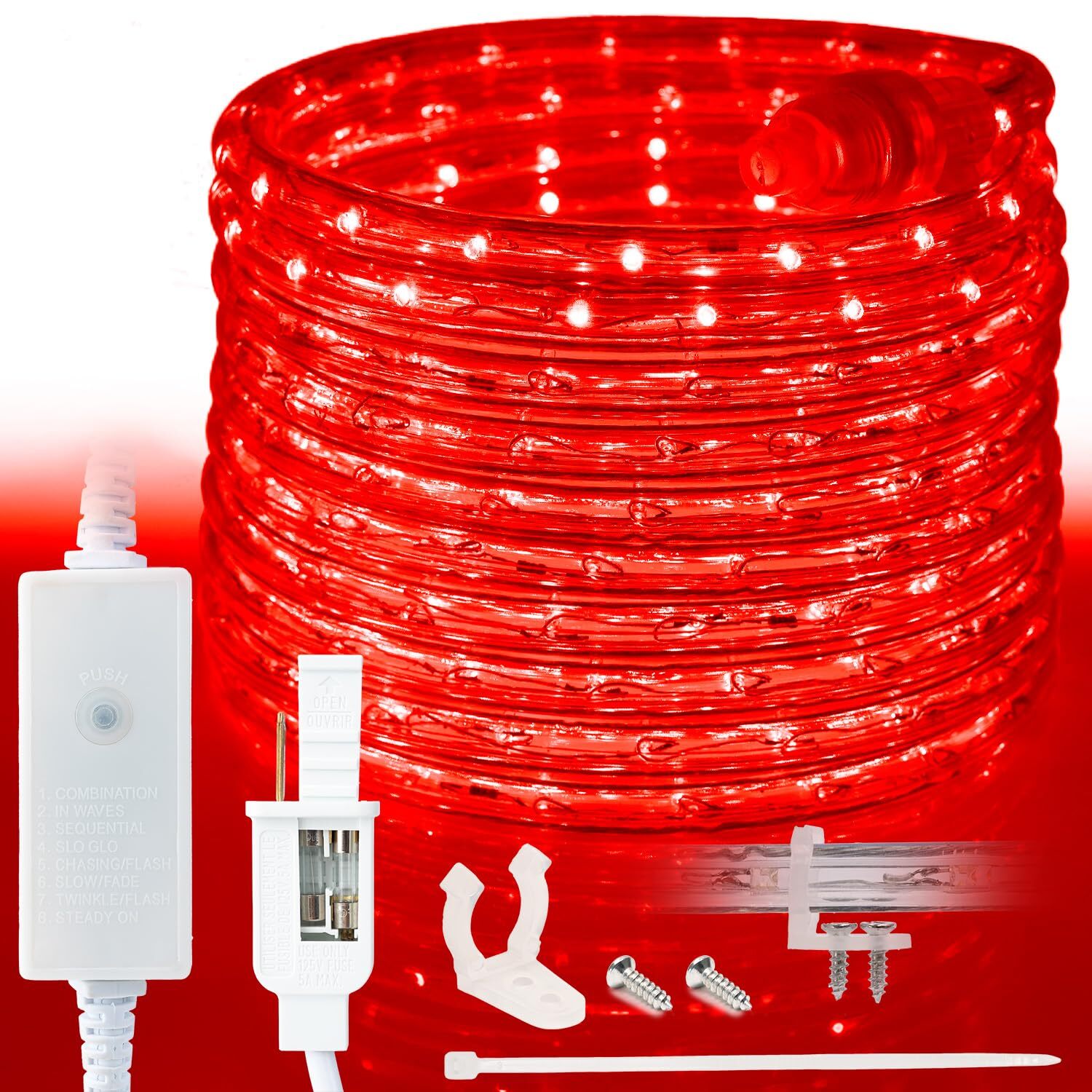 Red 8-Mode LED Outdoor Waterproof Rope Light 10′ 25′ 50′ 100′ 150′ 300′ ft