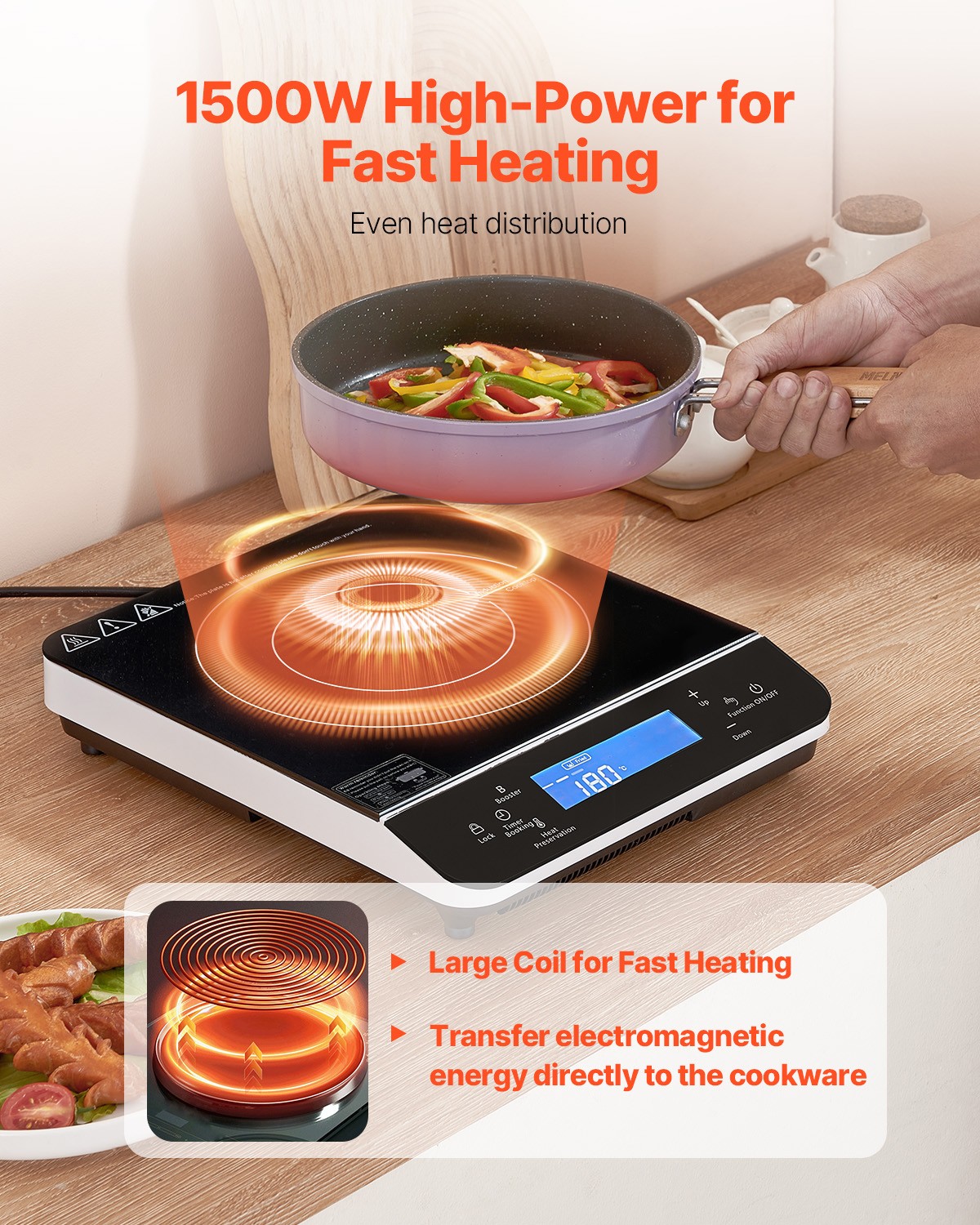Portable Induction Cooktop 1500W Countertop Burner 9 Temp Levels Hot Plate