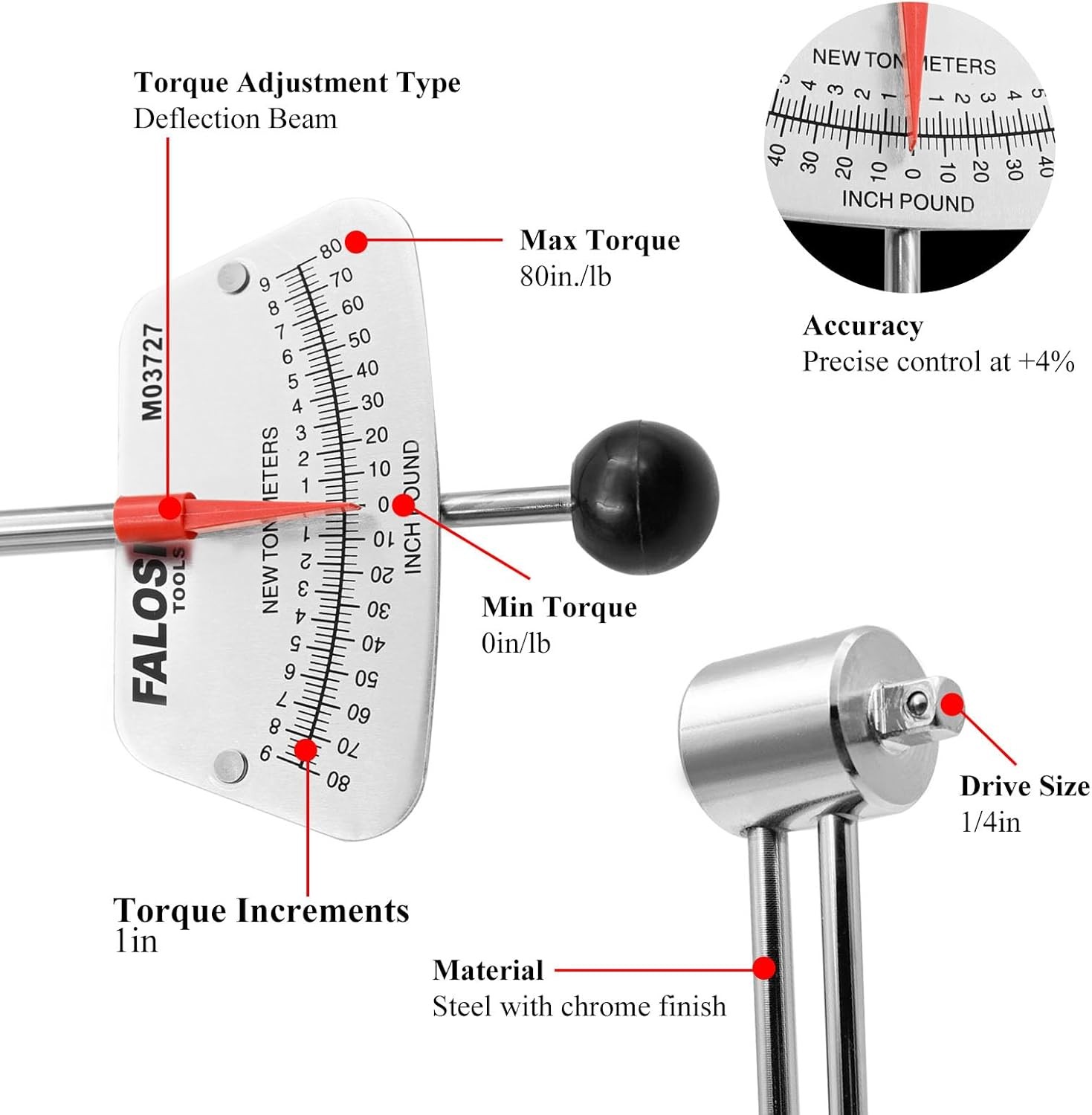 1/4-inch Drive Beam Torque Wrench – 0-80 Inch/Pounds and 0-9 Newton/Meter Torque