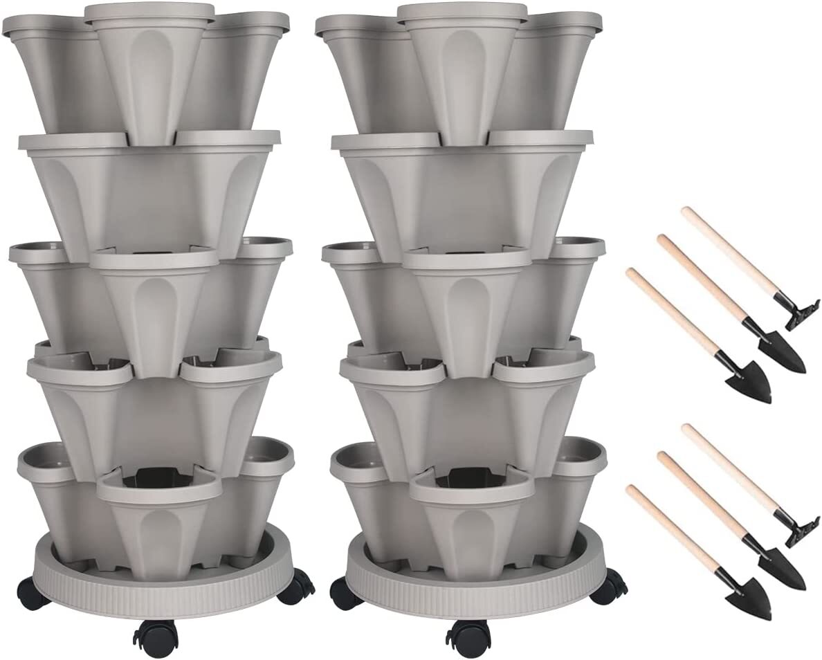 Vertical Planter 3-7 Tier Stackable Planters w/ Wheels & Tools Garden Tower Pot