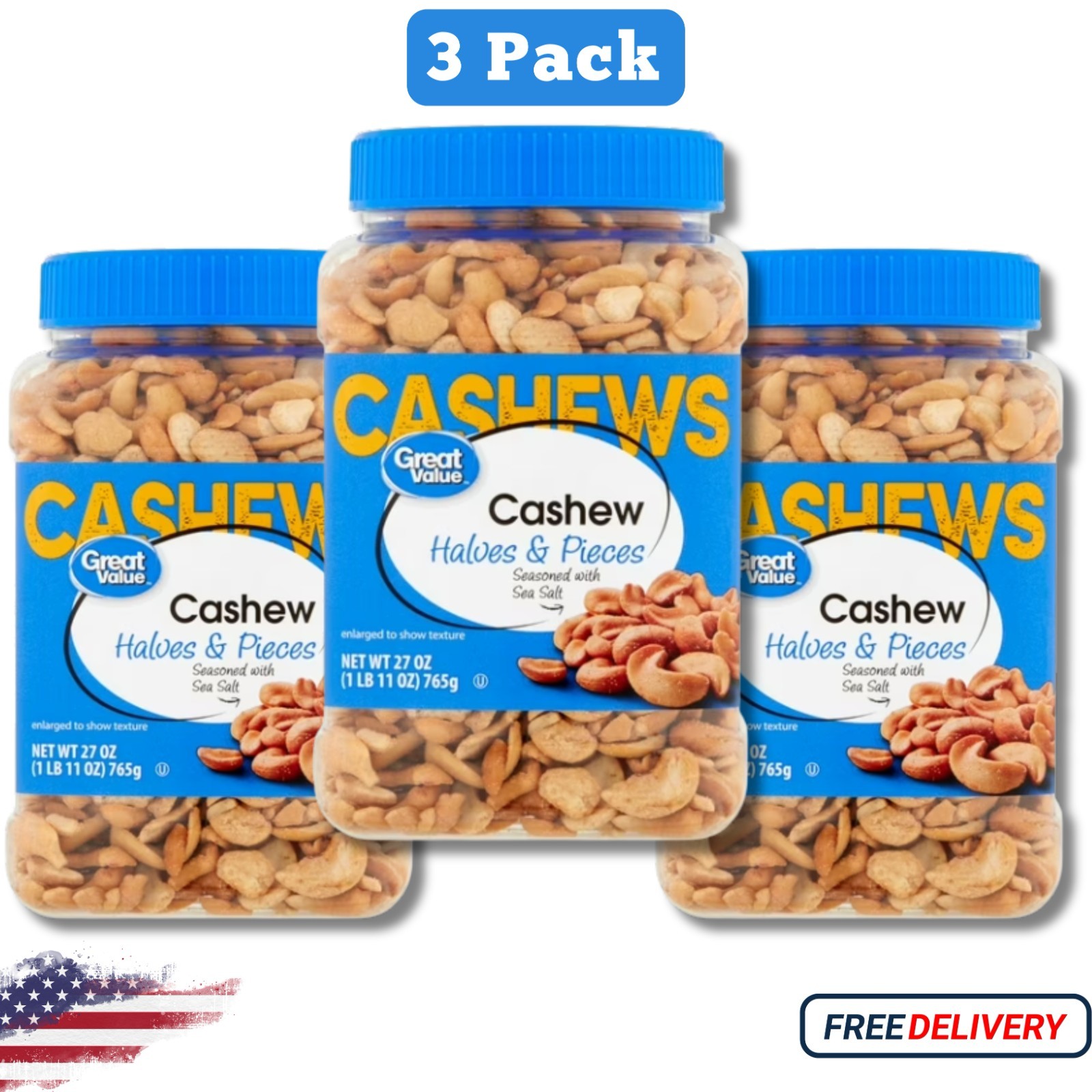 Great Value Cashew Halves & Pieces, 27 oz New, pack of 3