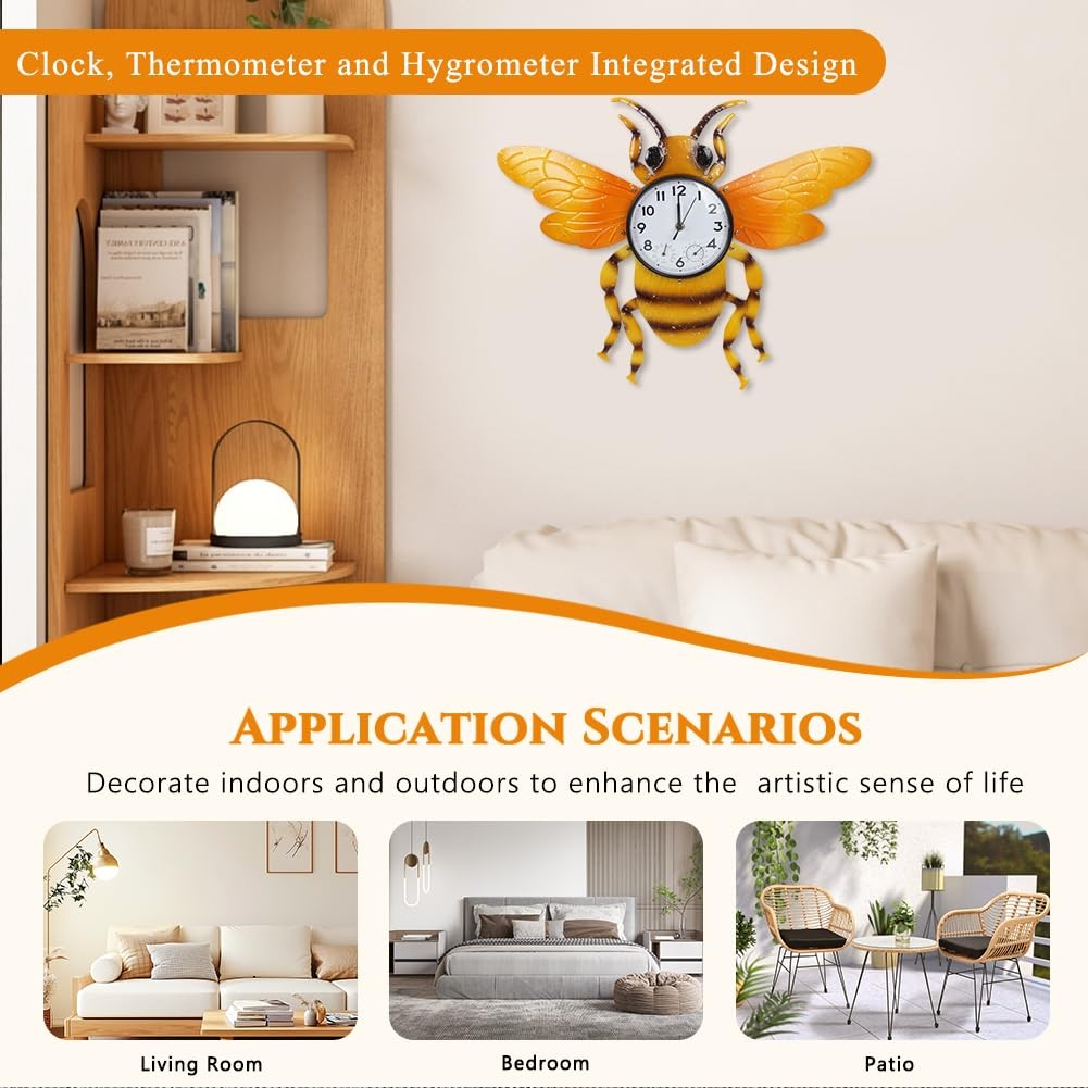 HOBYLUBY Unique Outdoor Clock Silent None-Ticking, Wall Yellow Bee