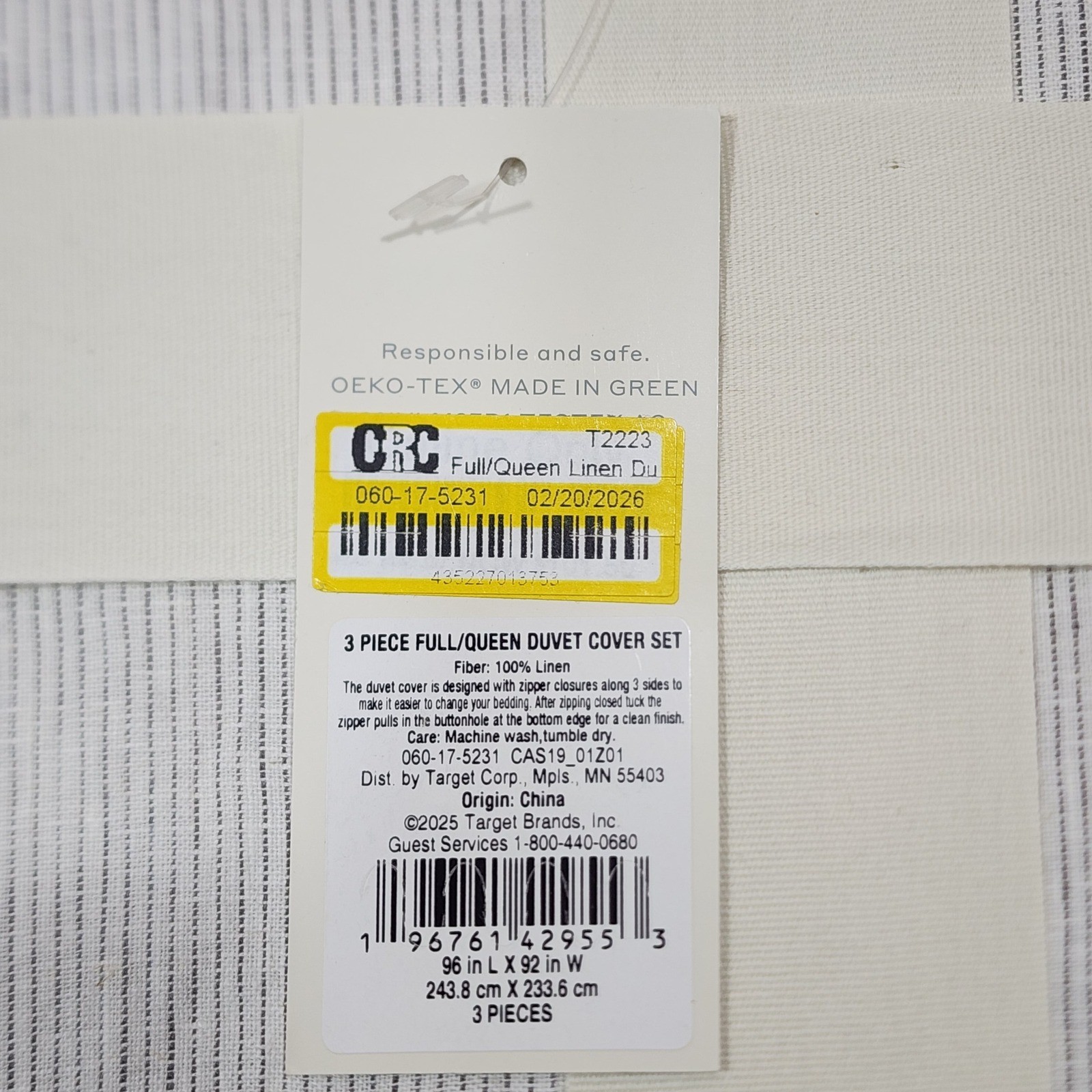Casaluna 100% Linen 3pc Full Queen Duvet Cover Set White Gray Pinstripe
