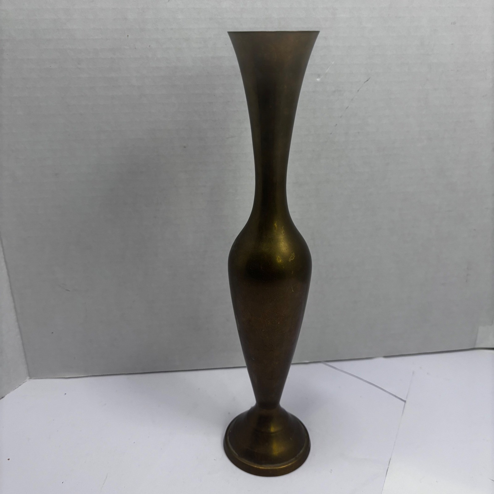 Vintage Solid Brass Bud Vase Tall Slender Flared Rim Pedestal Base Aged Patina