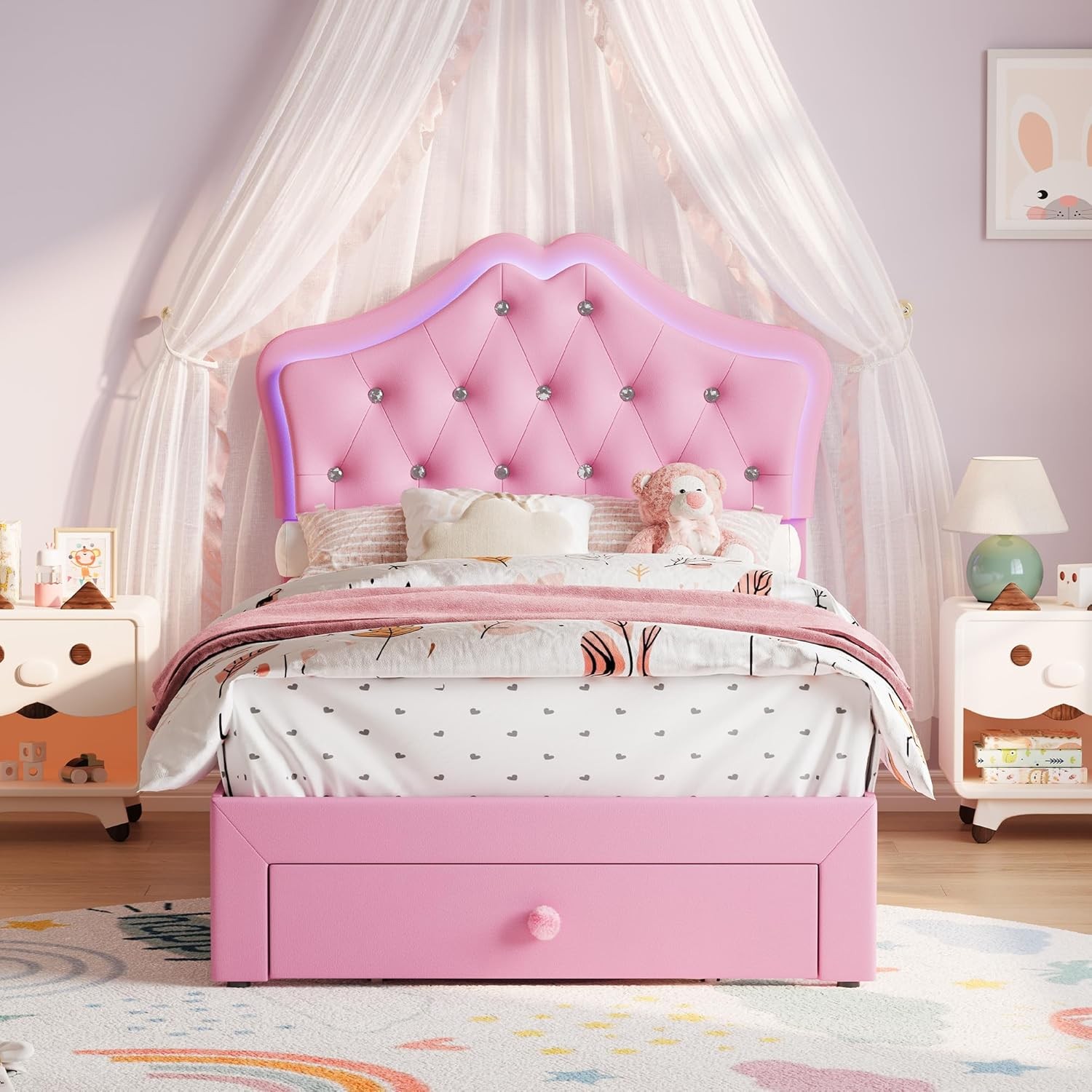 Twin Size Upholstered Bed Frame w/ Storage Drawer & LED Headboard for Kids/Girls