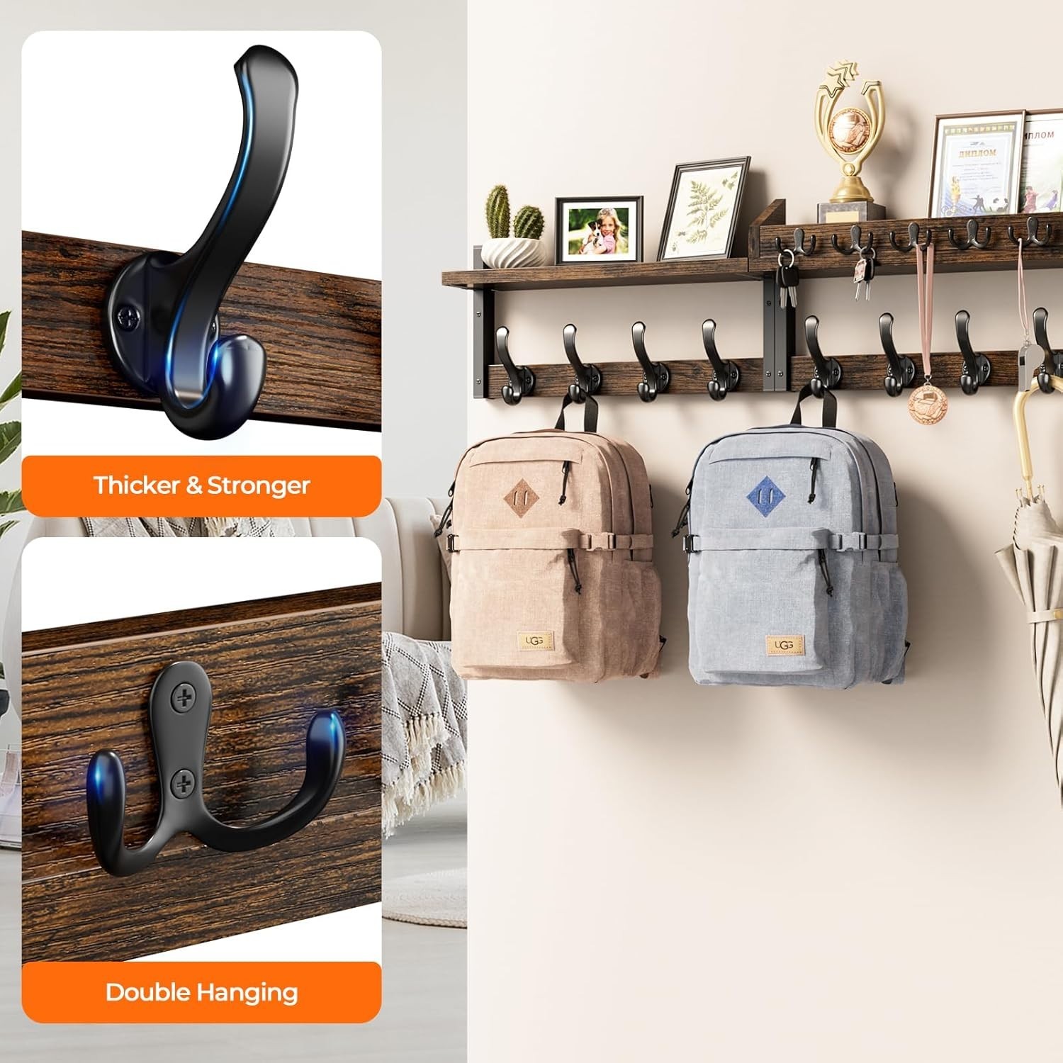 35in Wall Mounted Coat Rack Shelf 4-in-1 with Hooks Key Mail Holder Rustic Brown