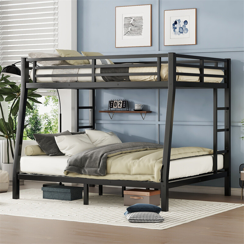 Metal Full XL over Queen Bunk Bed W/Ladder For Teens Adults Space-Saving Black
