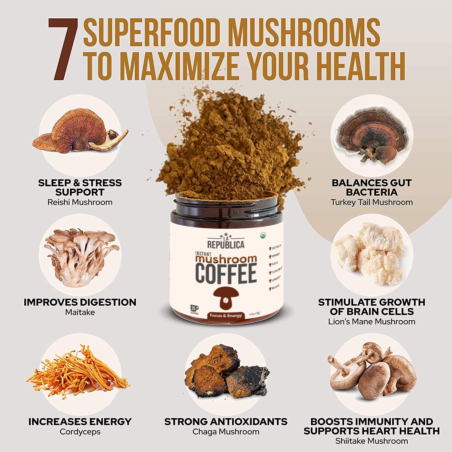 10-Pack Box La Republica Mushroom Coffee (Instant Full-Fruit Bodies Lion’s Mane)