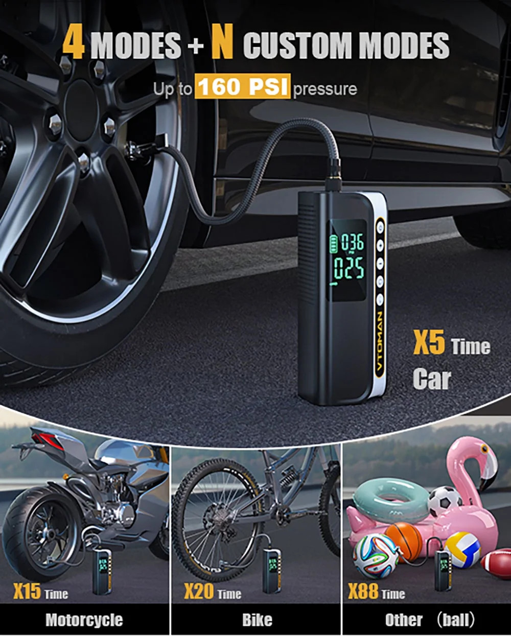 VTOMAN X6 Pro Tire Inflator 160PSI Cordless Air Compressor Pump 7500mAh