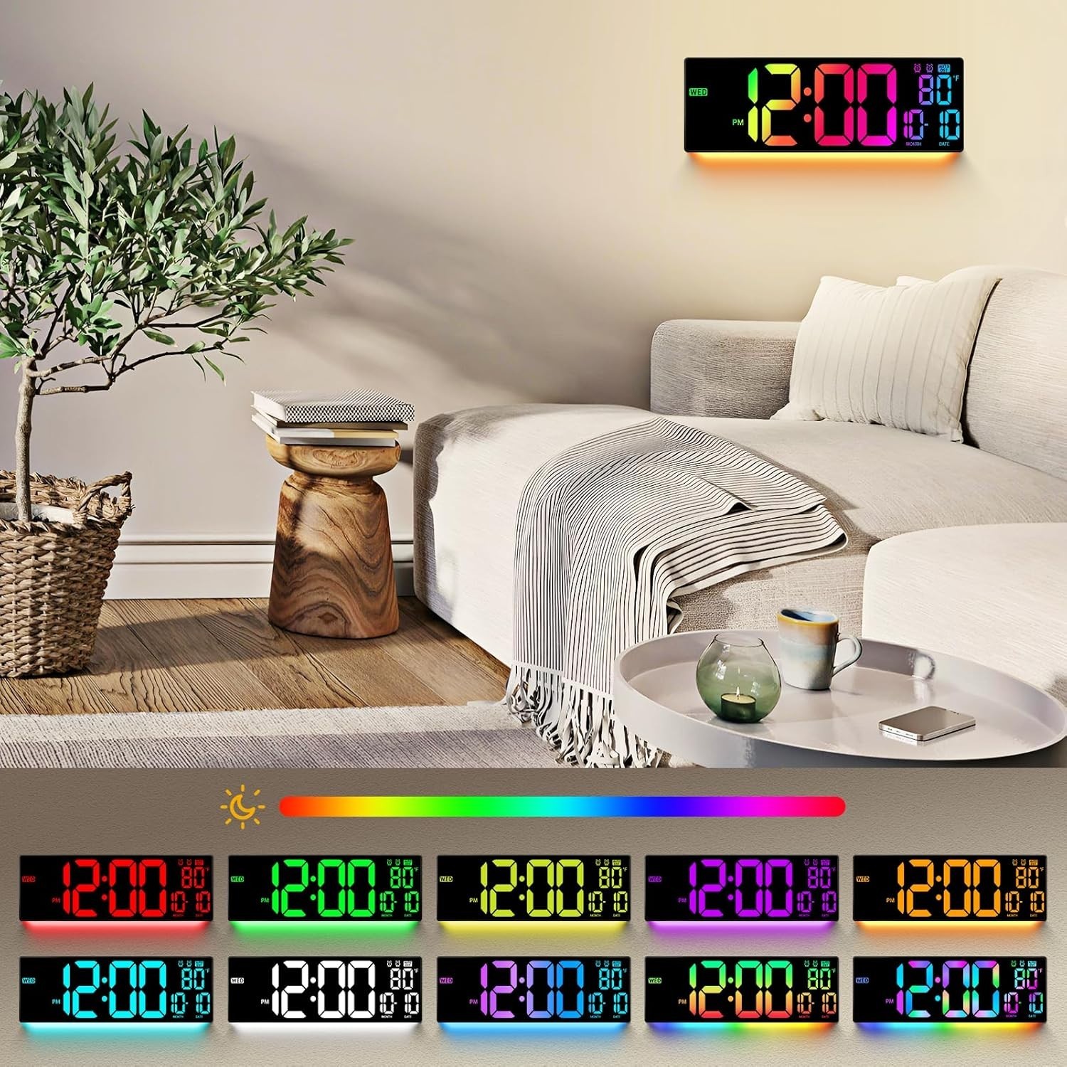 Large LED Digital Clock, 11 Color Changing, Remote Control, Multicolor